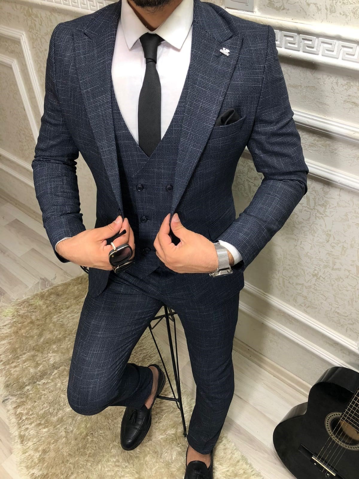 Erkek Lacivert Antrasit Italyan Kesim Slim Fit Takım Elbise Tkmelbs-8682