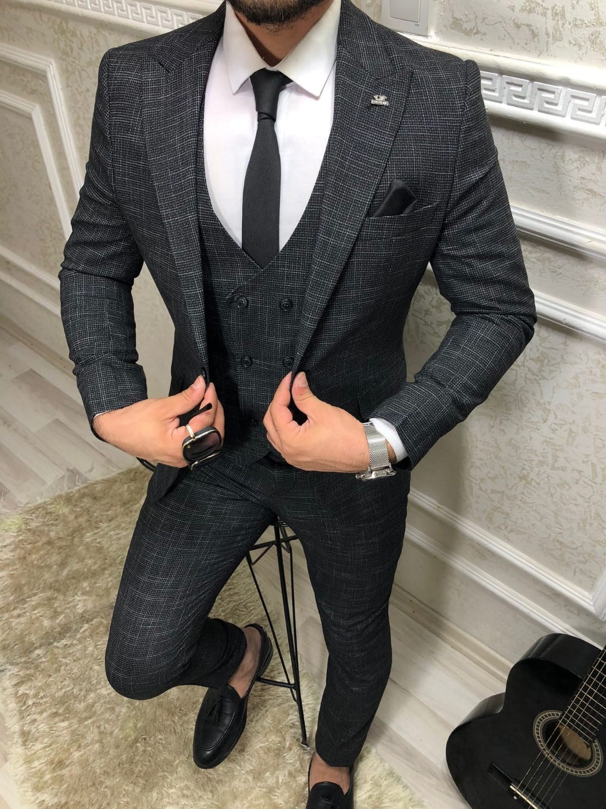 Erkek Antrasit Siyah Italyan Kesim Slim Fit Takım Elbise Tkmelbs-8682