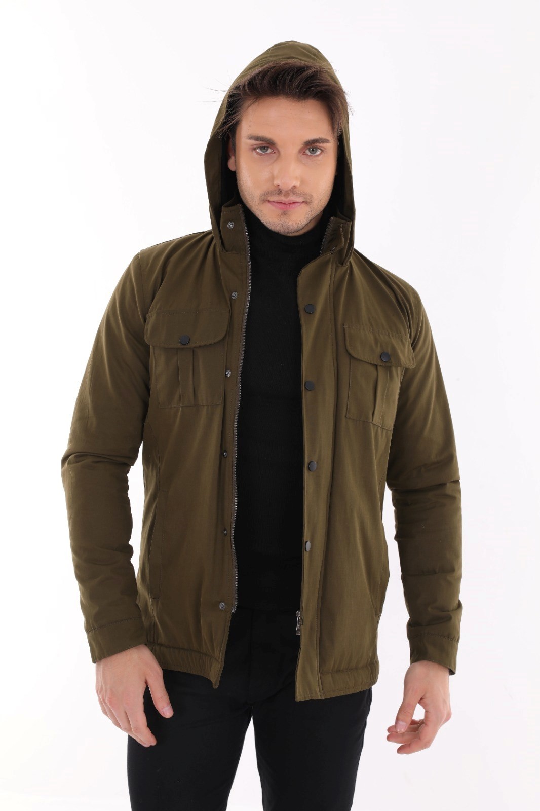 Tomıross Erkek Jake Haki Yeşil Slim Fit Kapüşonlu İçi Kürklü Kısa Mont Soğuk Geçirmez Bntdnr-8109