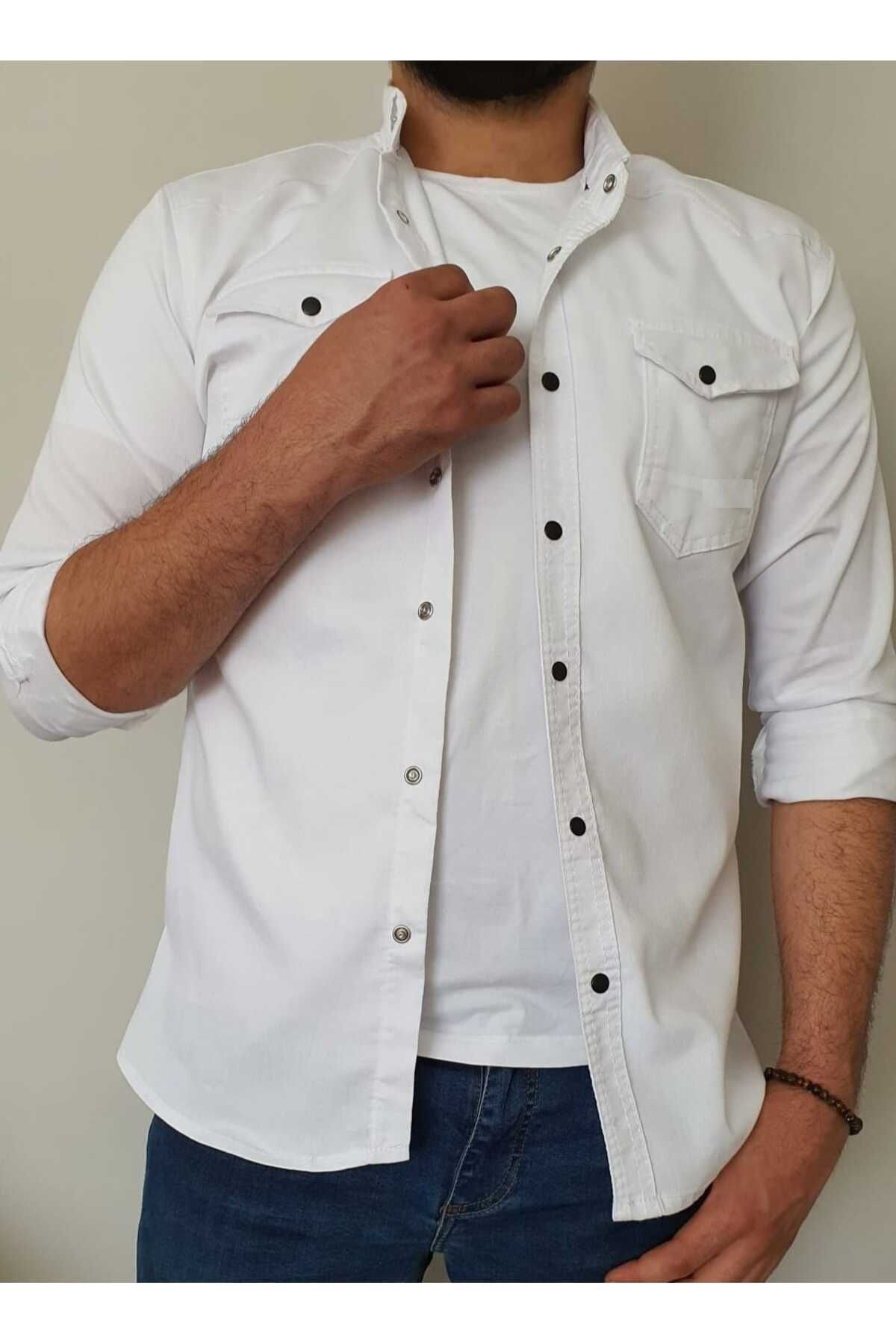 Tomiross Kıvanç Beyaz Erkek Rahat Esnek Slim Fit Kalıp Pamuklu Kot Gömlek KIVANC-1927