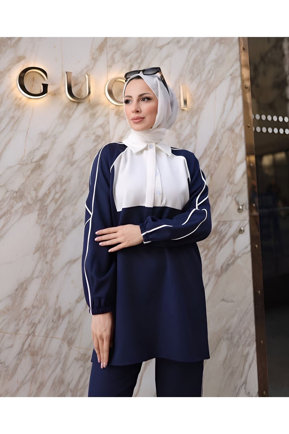 Aysu Lacivert Kadın Trend Yarım Patlı Gömlek Yaka Pantolon Takım AYSU-4265