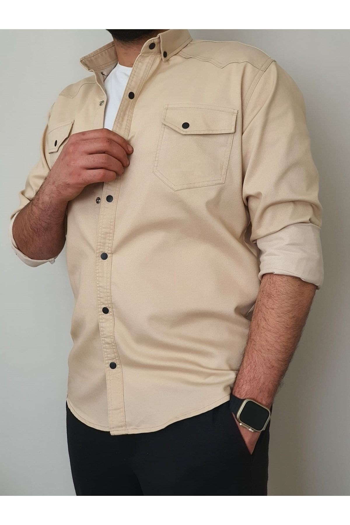 Tomiross Kıvanç Bej Erkek Rahat Esnek Slim Fit Kalıp Pamuklu Kot Gömlek KIVANC-1927