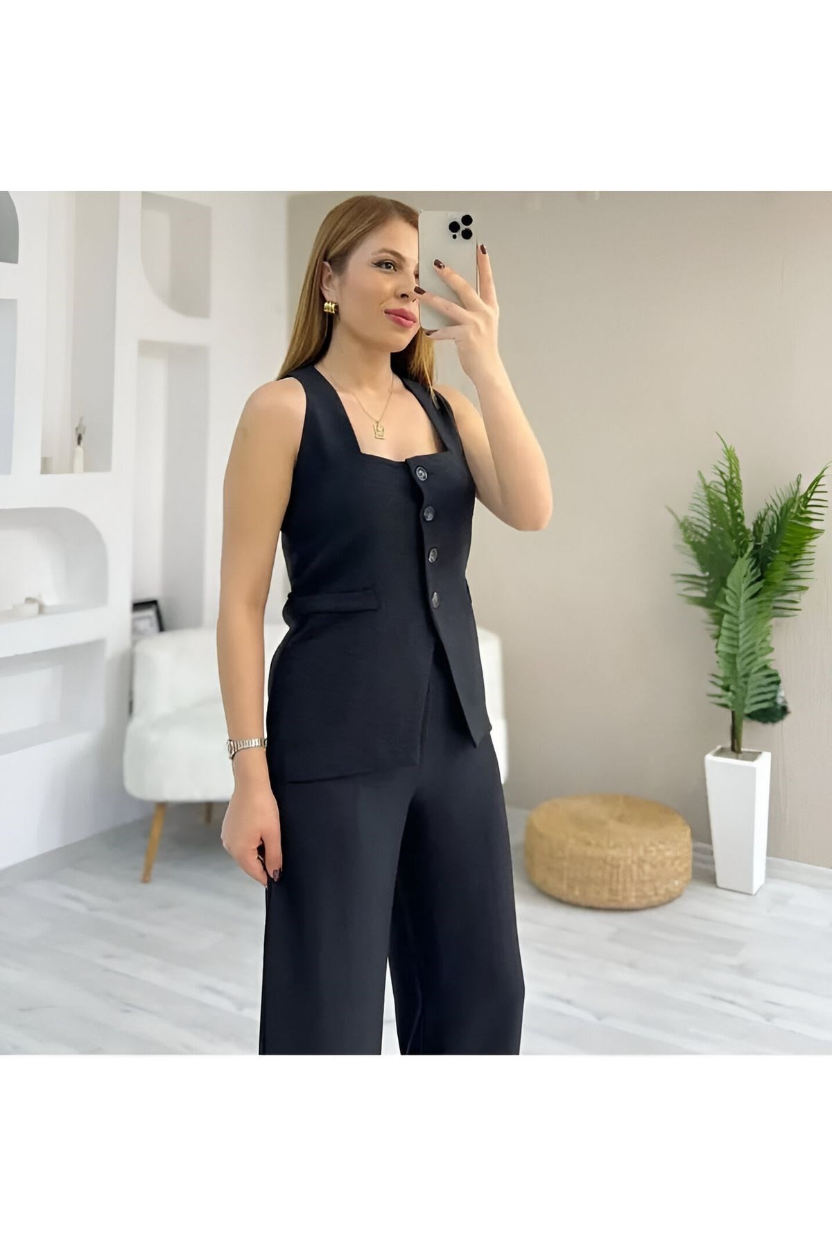 Tıfany Siyah Keten Kumaş Astarlı Yelek Lastikli Yüksek Bel Palazzo Pantolon Takım TIFANY-4342