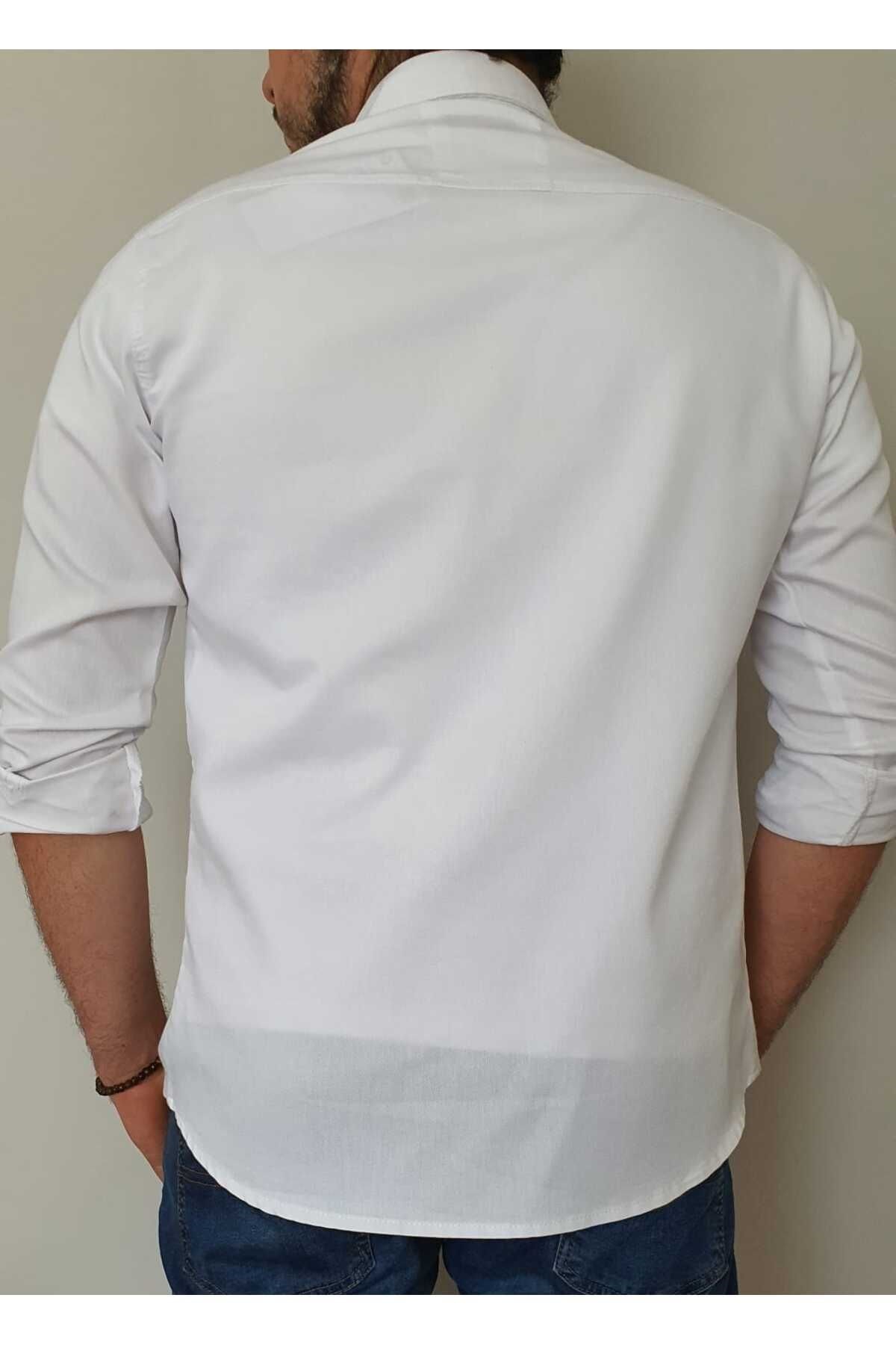 Tomiross Kıvanç Beyaz Erkek Rahat Esnek Slim Fit Kalıp Pamuklu Kot Gömlek KIVANC-1927