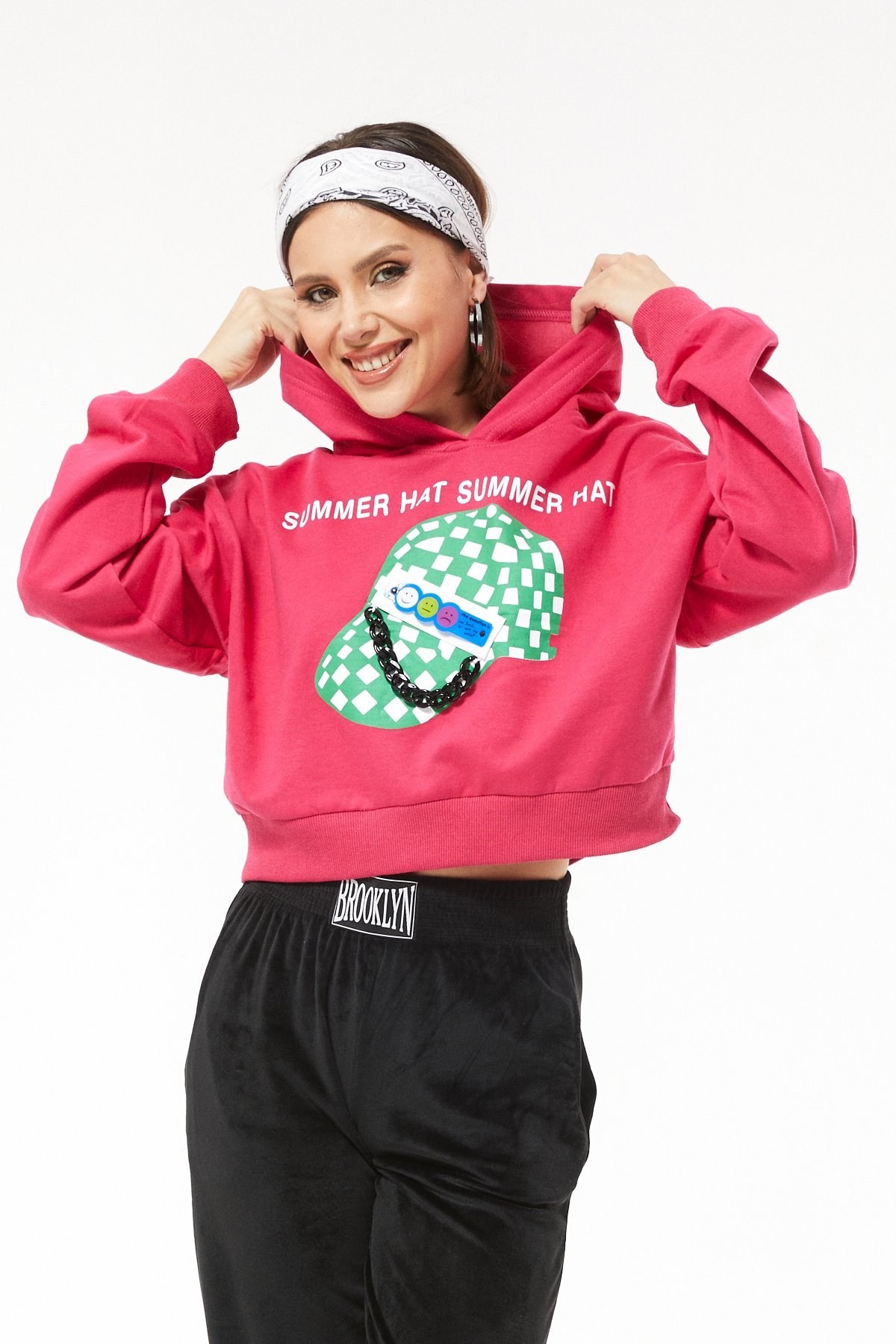 Tomiross Candy Kadın Pembe Şapka Baskılı Zincir Detay Kapuşonlu Sweatshirt Candy-5351