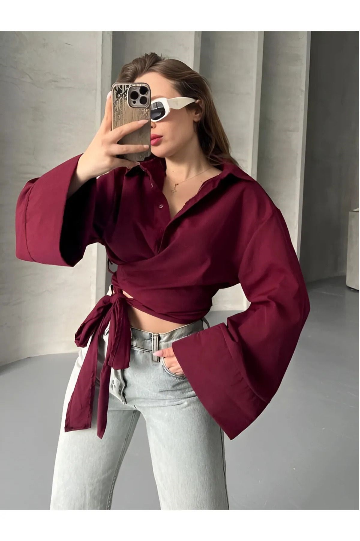 Pırıl Bordo Geniş Kol Yandan Bağlamalı Trend Gömlek PIRIL-3779