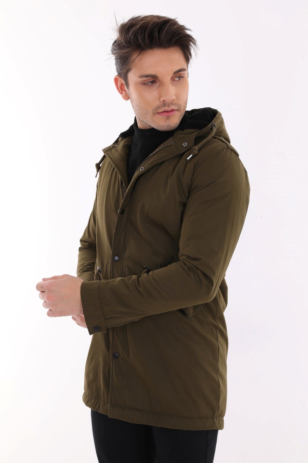 Tomiross Erkek Martin Slim Fit Kapüşonlu İçi Kürklü Uzun Parka Soğuk Geçirmez BNTDNR-8108