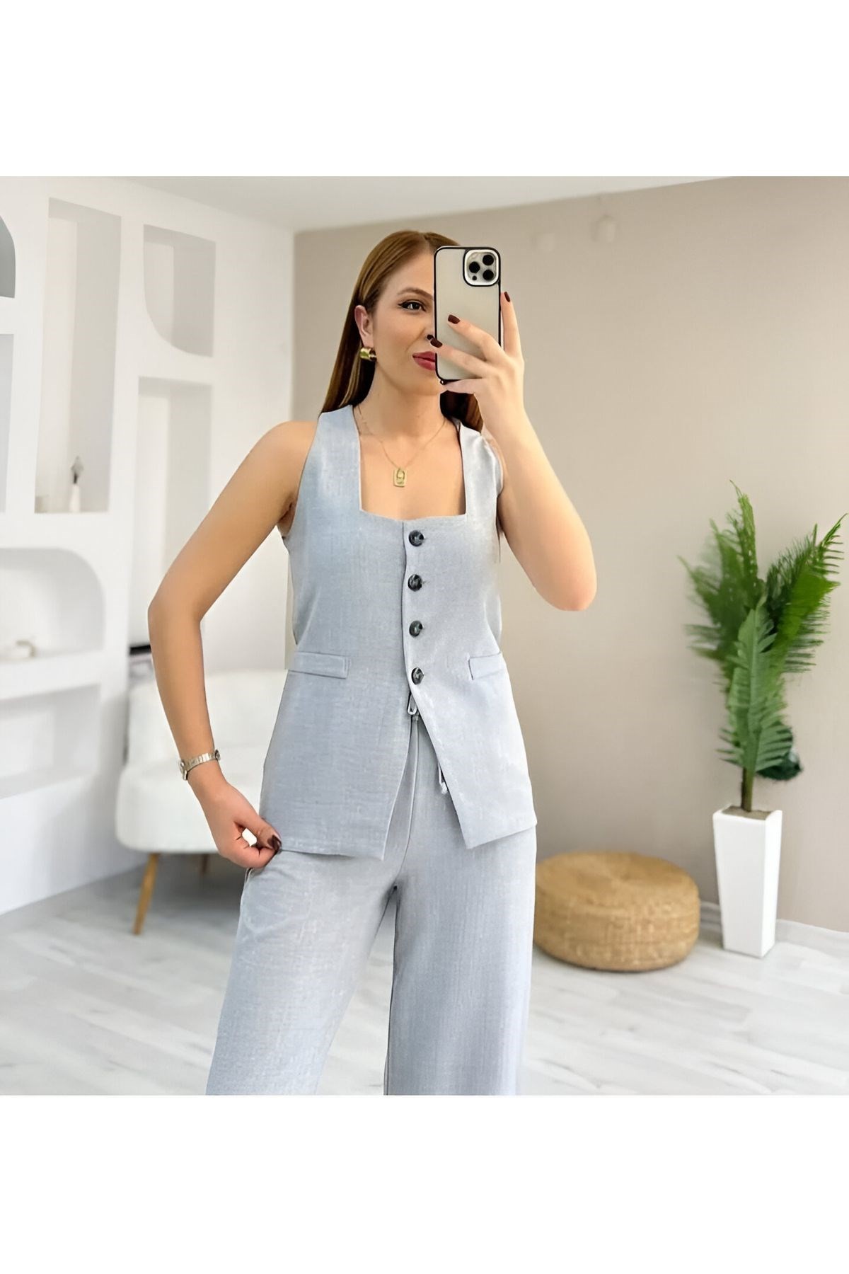 Tıfany Gri Keten Kumaş Astarlı Yelek Lastikli Yüksek Bel Palazzo Pantolon Takım TIFANY-4342