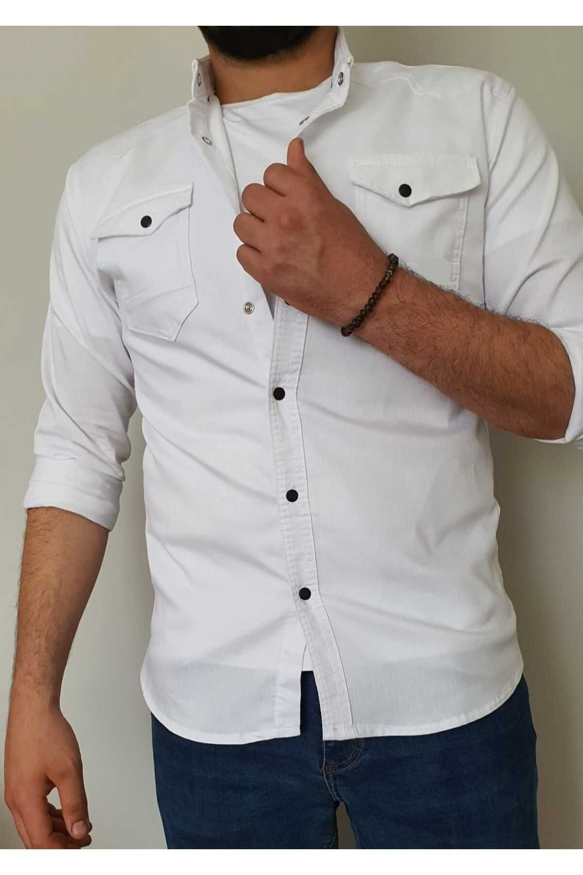 Tomiross Kıvanç Beyaz Erkek Rahat Esnek Slim Fit Kalıp Pamuklu Kot Gömlek KIVANC-1927