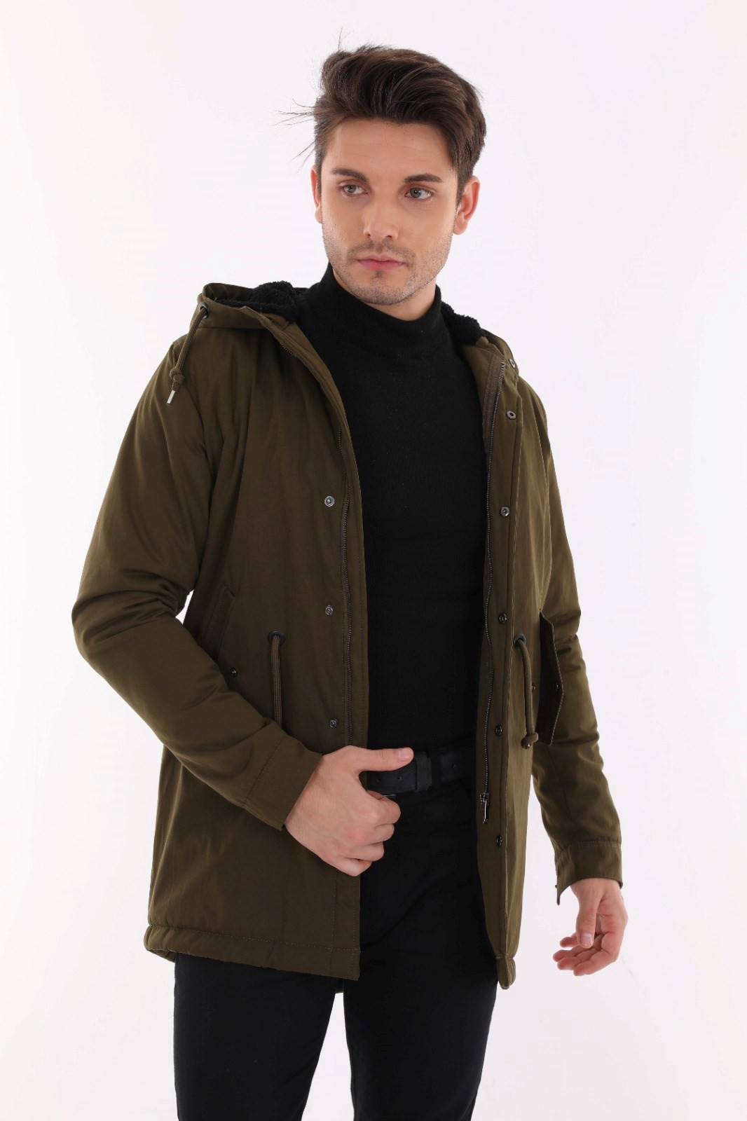 Tomiross Erkek Martin Slim Fit Kapüşonlu İçi Kürklü Uzun Parka Soğuk Geçirmez BNTDNR-8108