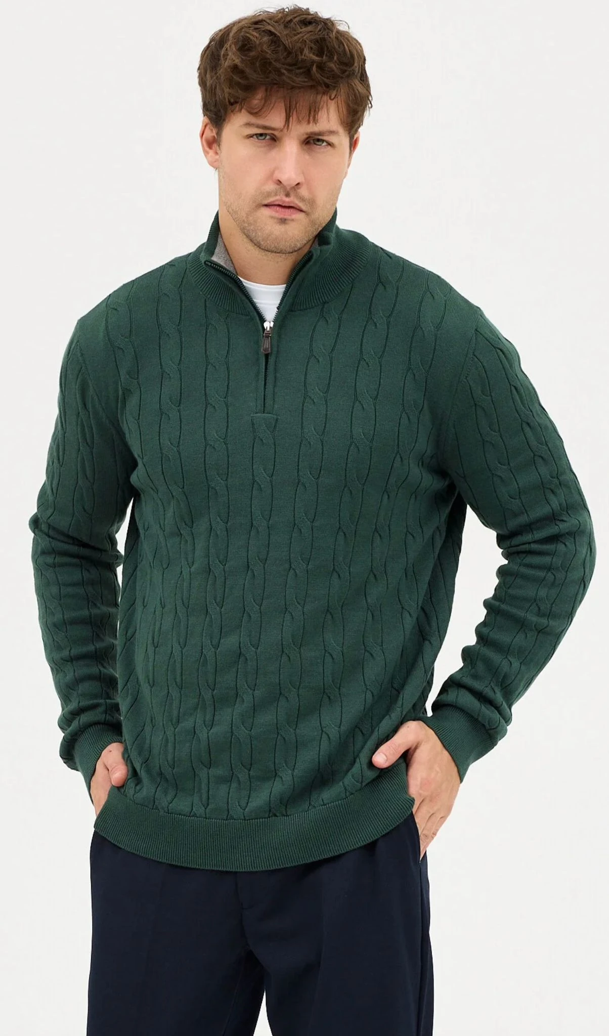 Teos  Satka Zümrüt Yeşili Kalın Saç Örgü Pamuklu Kazak