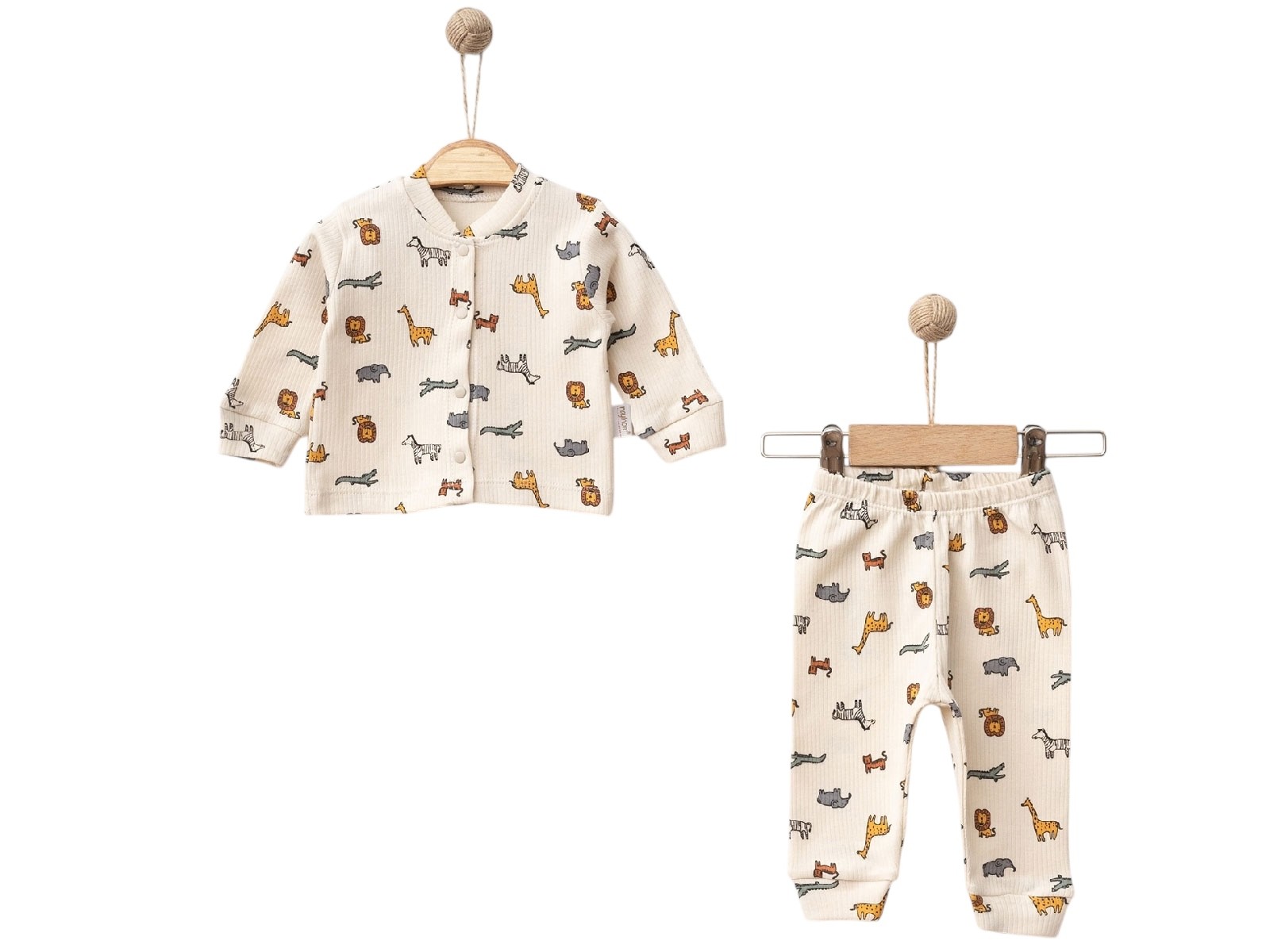 Hayvan Desenli Raporlu Erkek Bebe Pijama Takım Bej