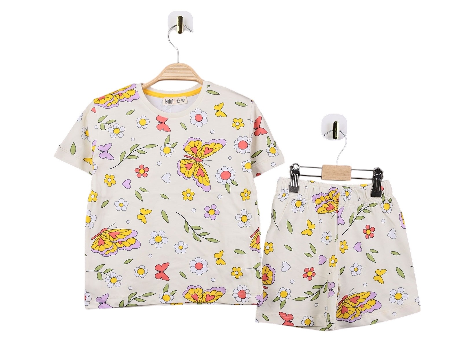 Kelebek Desenli Şortlu Kız Pijama Takım Ekru