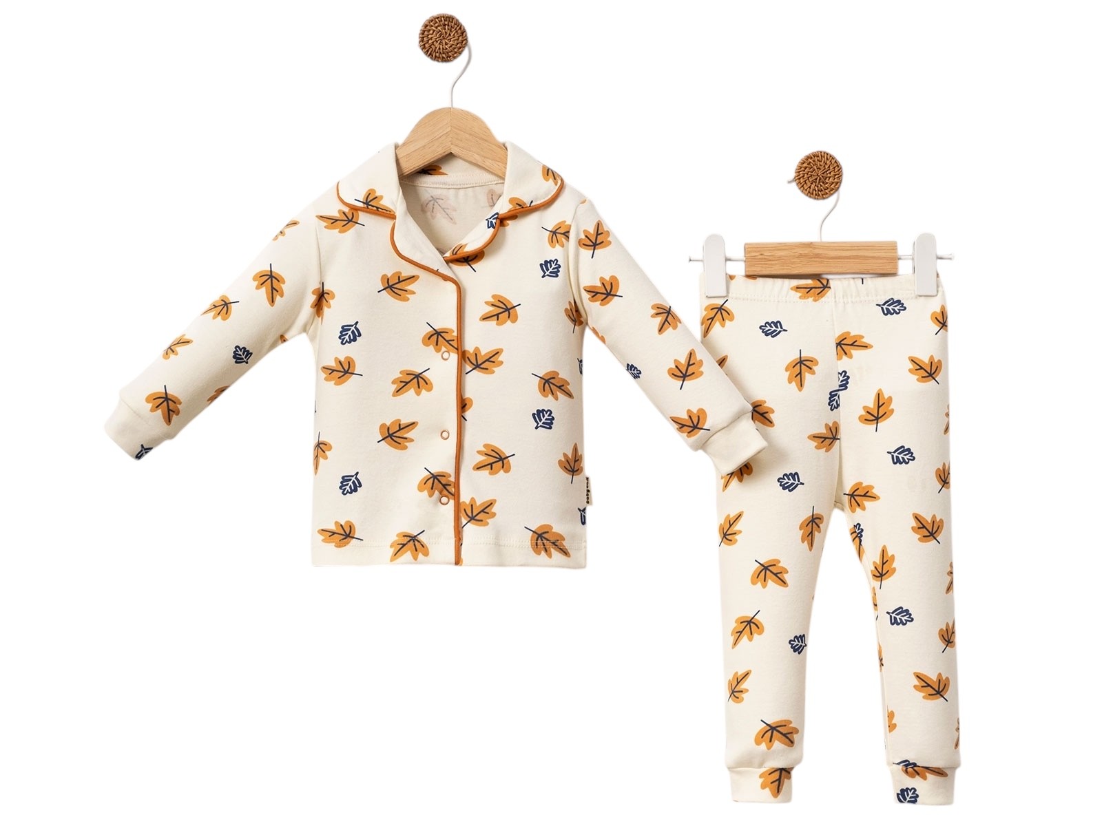 Yaprak Desenli Yakalı Unisex Pijama Takım Mint Kahverengi