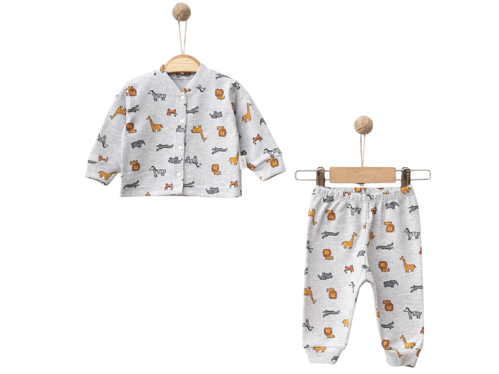 Hayvan Desenli Raporlu Erkek Bebe Pijama Takım Gri