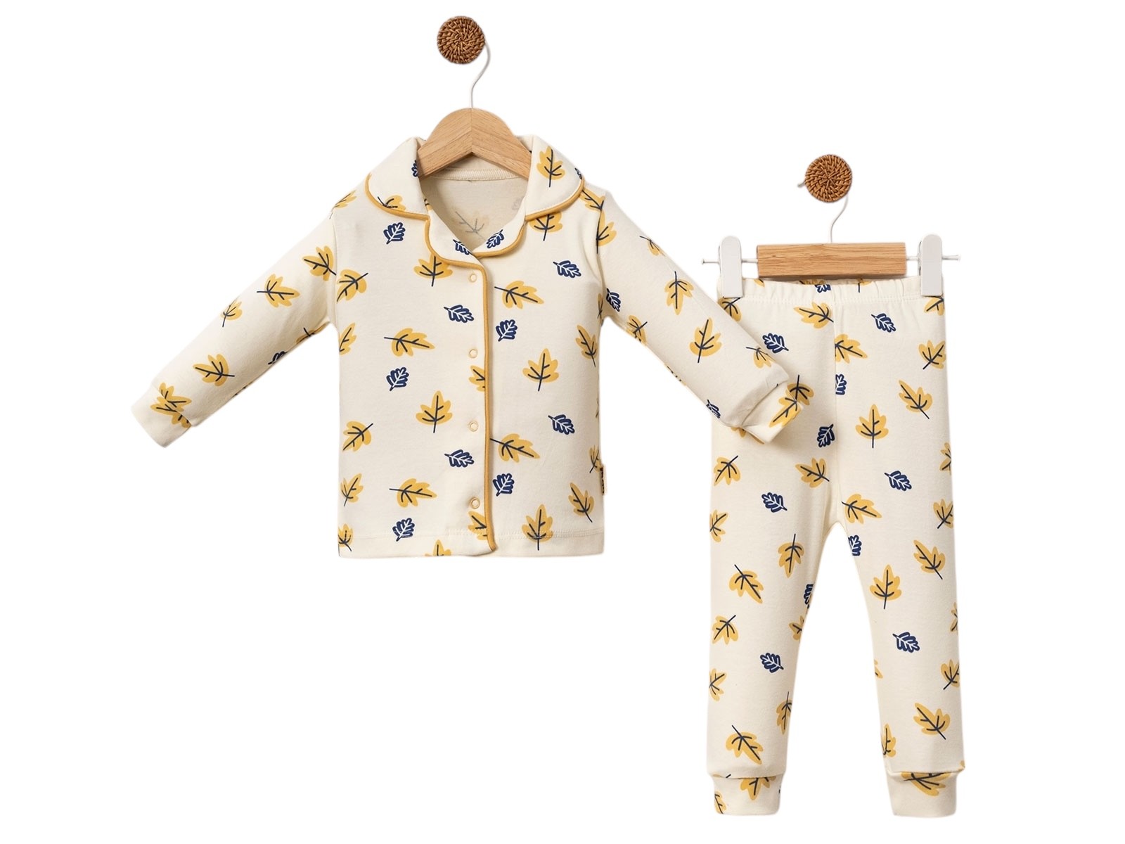 Yaprak Desenli Yakalı Unisex Pijama Takım Mint Sarı
