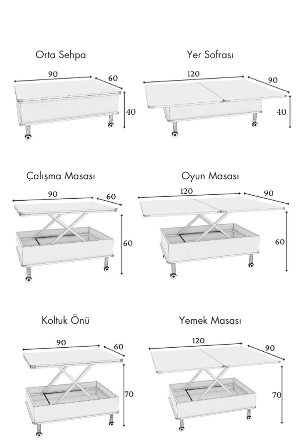 Lisa tekerli çekmeceli sihirli sehpa akıllı masa yemek masası çekmeceli tekerli