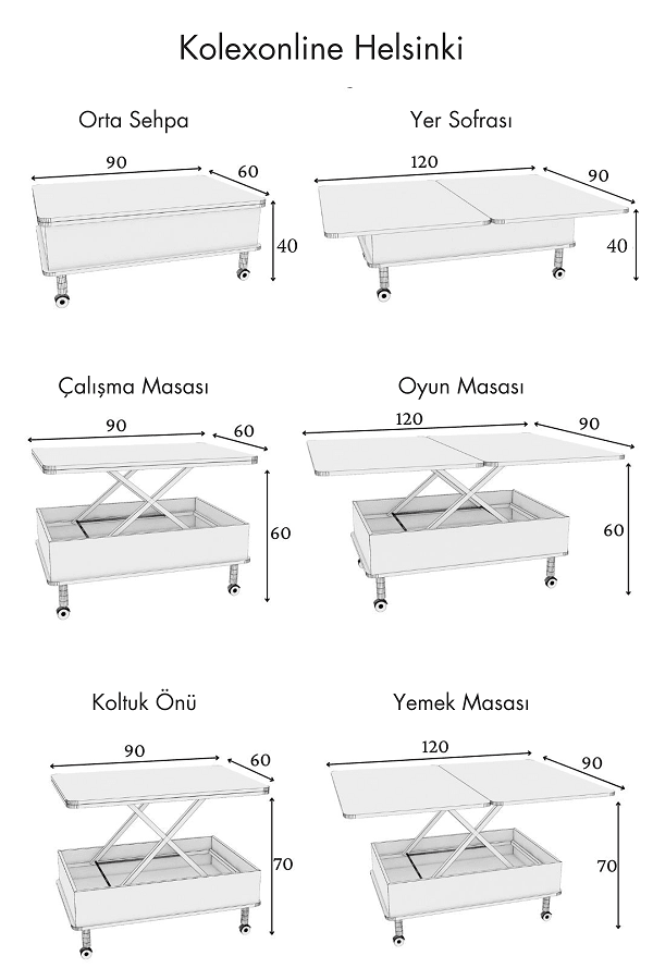 Helsinki akıllı sehpa yemek masası orta sehpa tekerli sehpa sihirli sehpa