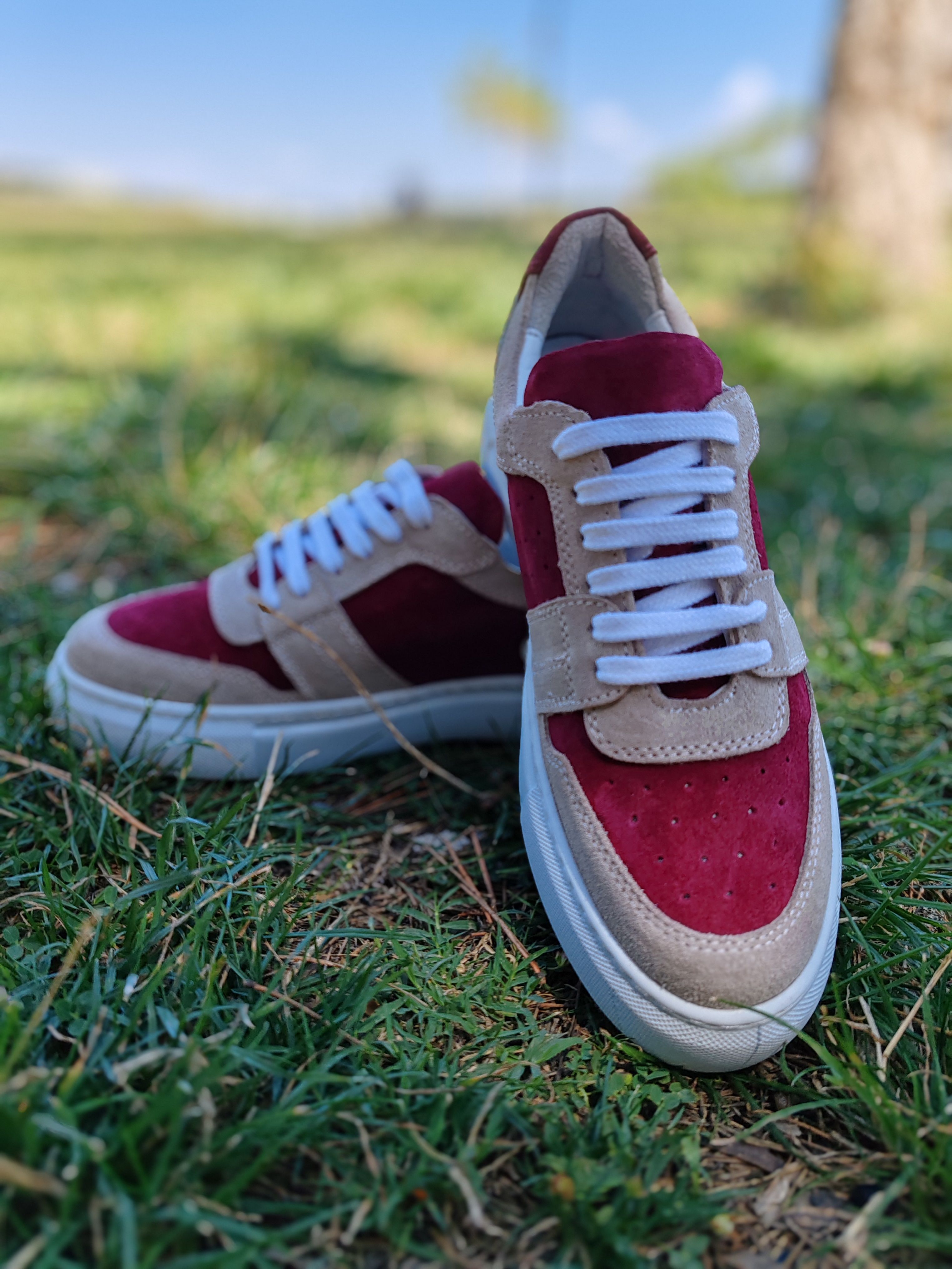 4036-Bordo Süet Delikli Deri Kadın Sneaker