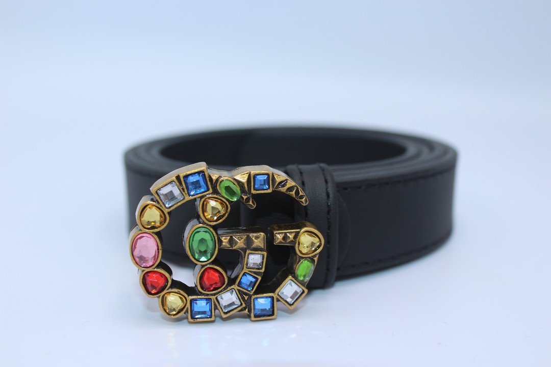 Gucci Leather Belt With Crystal Double G Buckle In Black