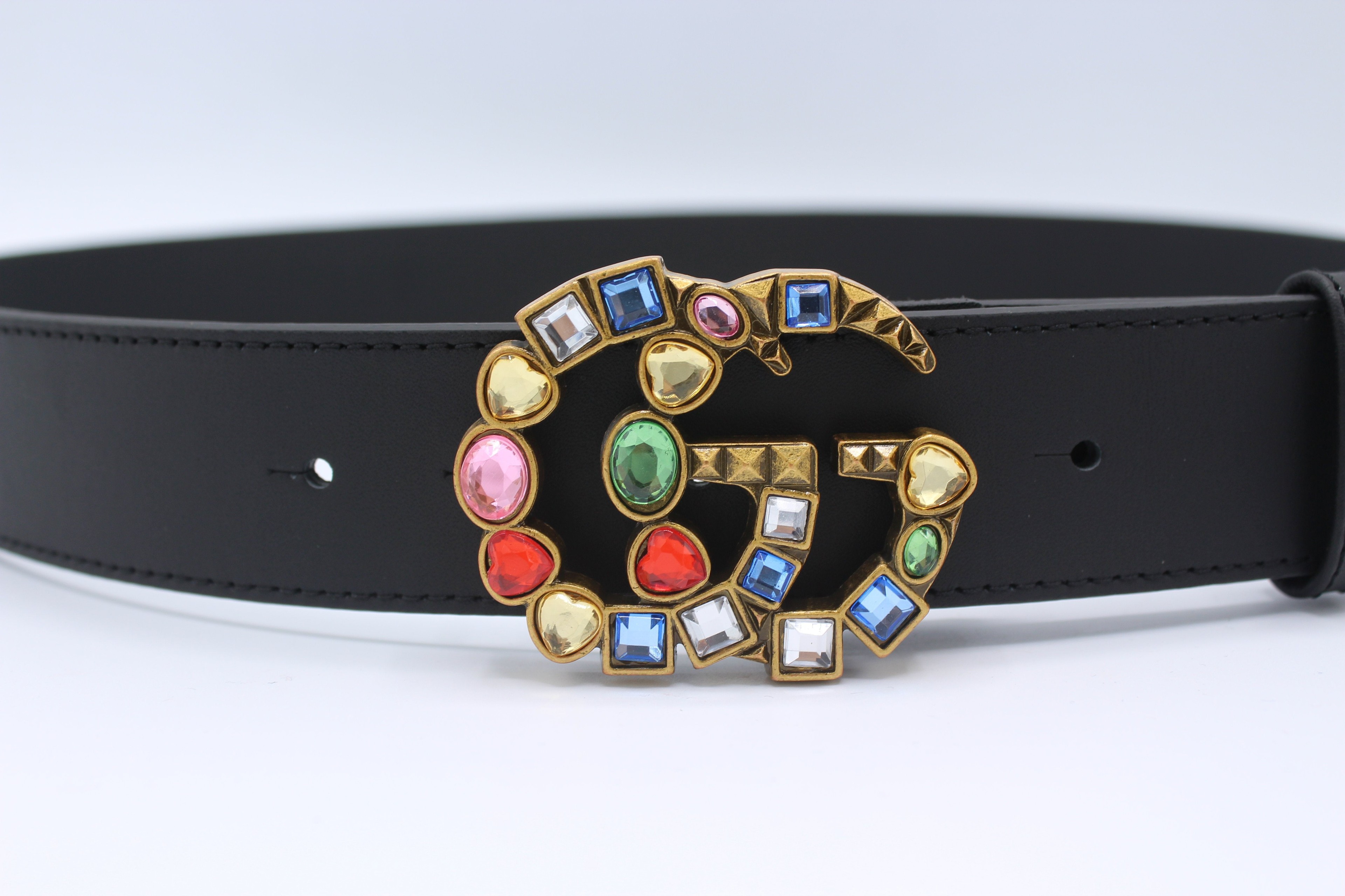 Gucci leather belt with crystal double store g buckle