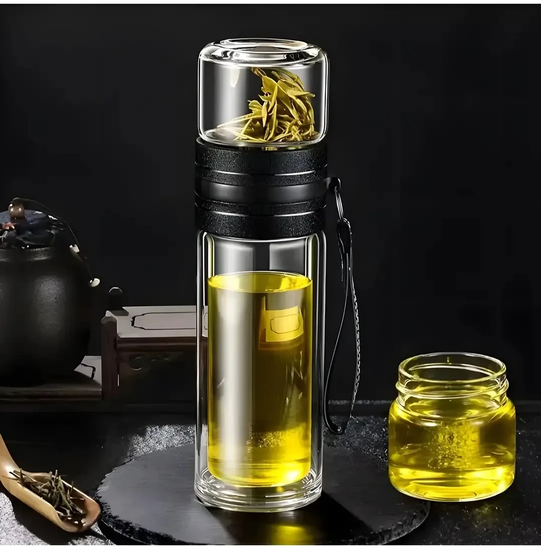 Paslanmaz Çelik Çift Camlı Bitki Çayı Demlik Termos – 2 Kat Cam Izgaralı Demleme Şişesi