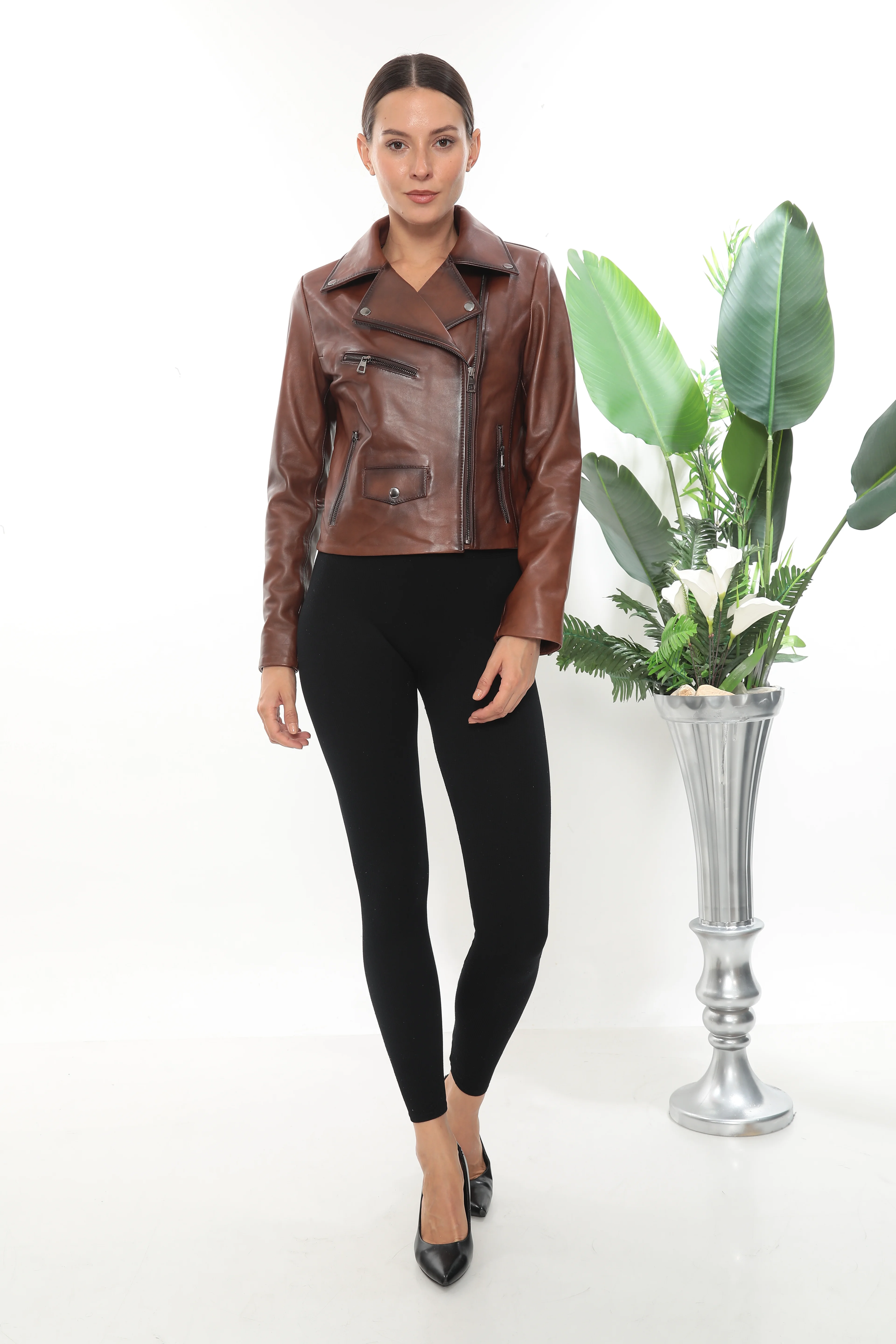 RV EVELYN KADIN KRUVAZE YAKA BİKER DERİ MONT image