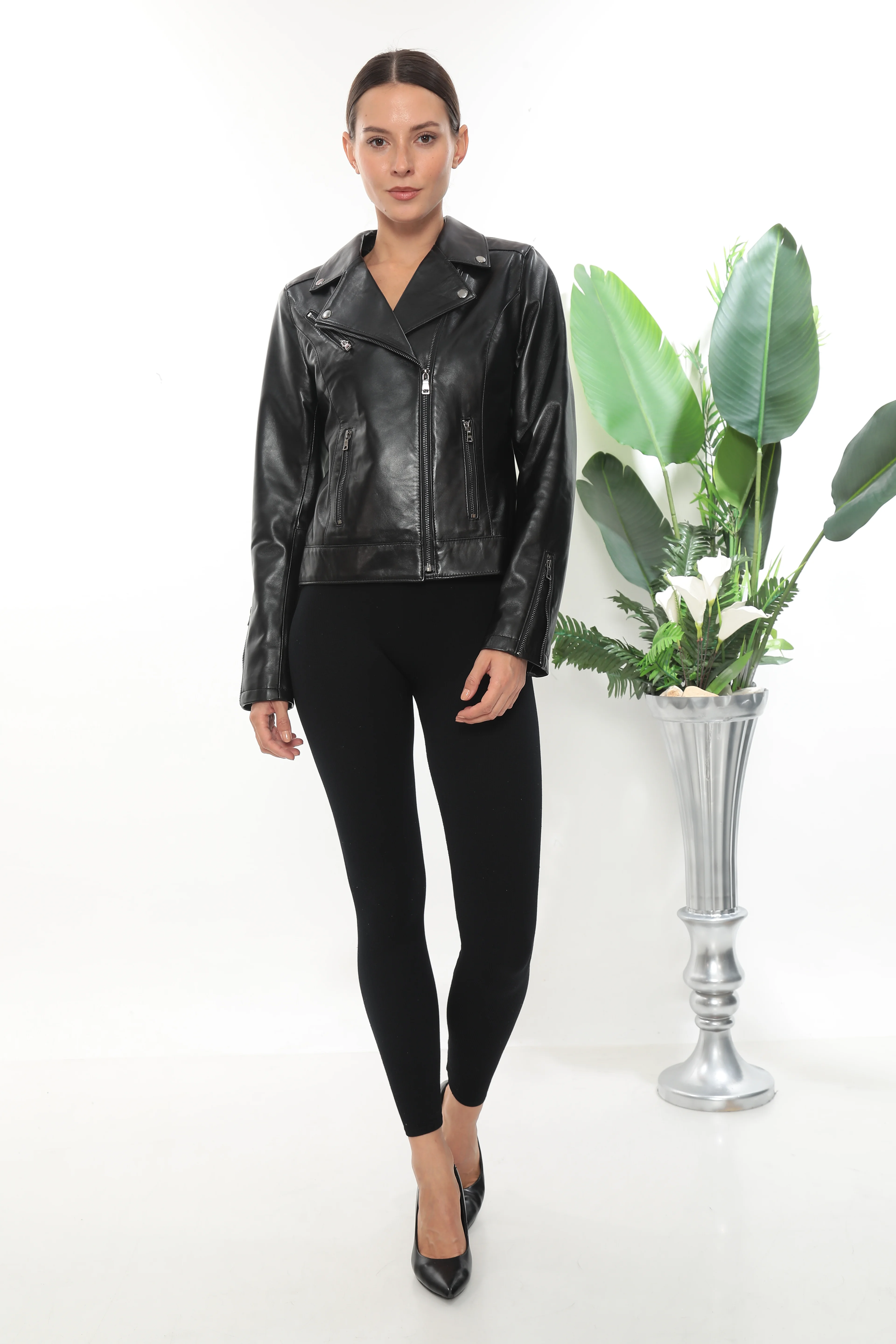 RV KAREN KADIN KRUVAZE YAKA BİKER DERİ MONT image