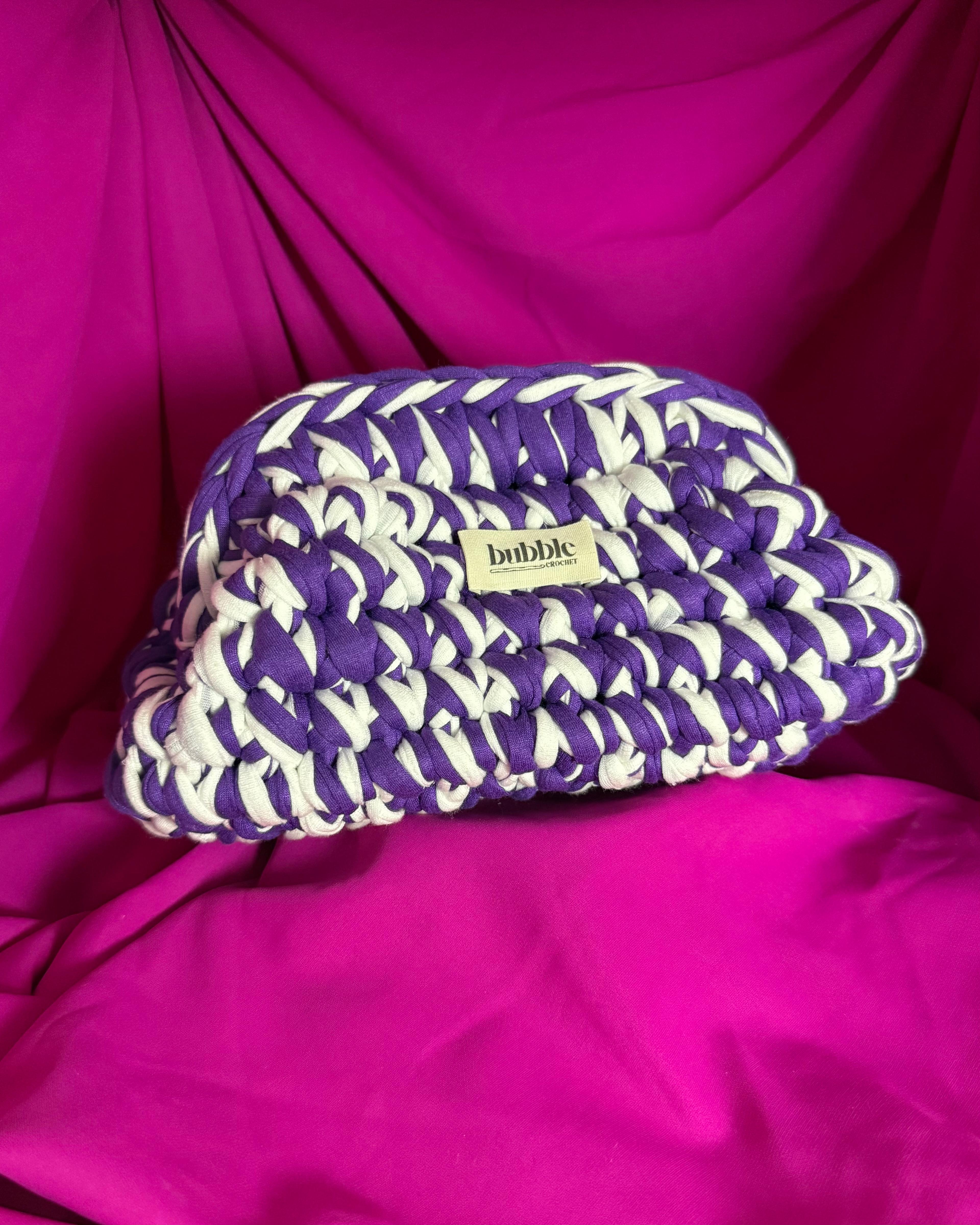 El Örgüsü Çift Renkli Makyaj Çantası/Clutch - Mor-Beyaz
