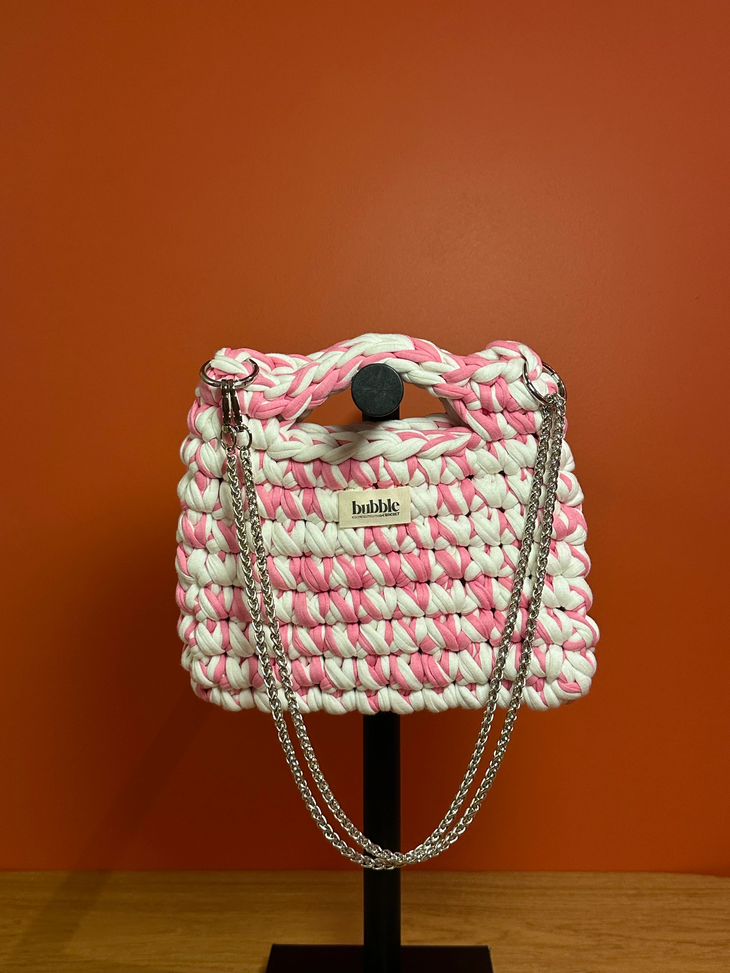 El Örgüsü Çift Renk El Çantası - Pembe-Beyaz