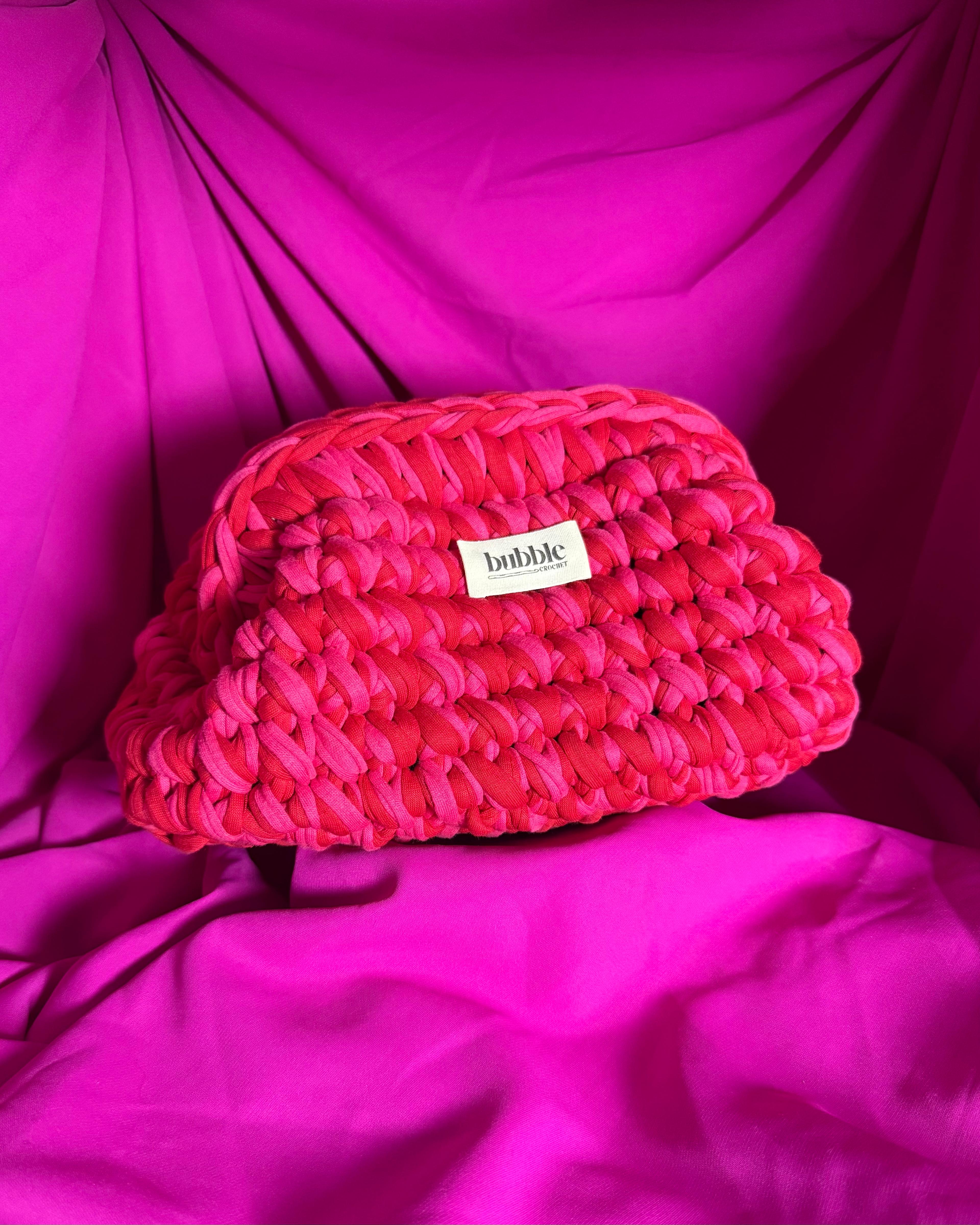 El Örgüsü Çift Renkli Makyaj Çantası/Clutch - Kırmızı-Pembe