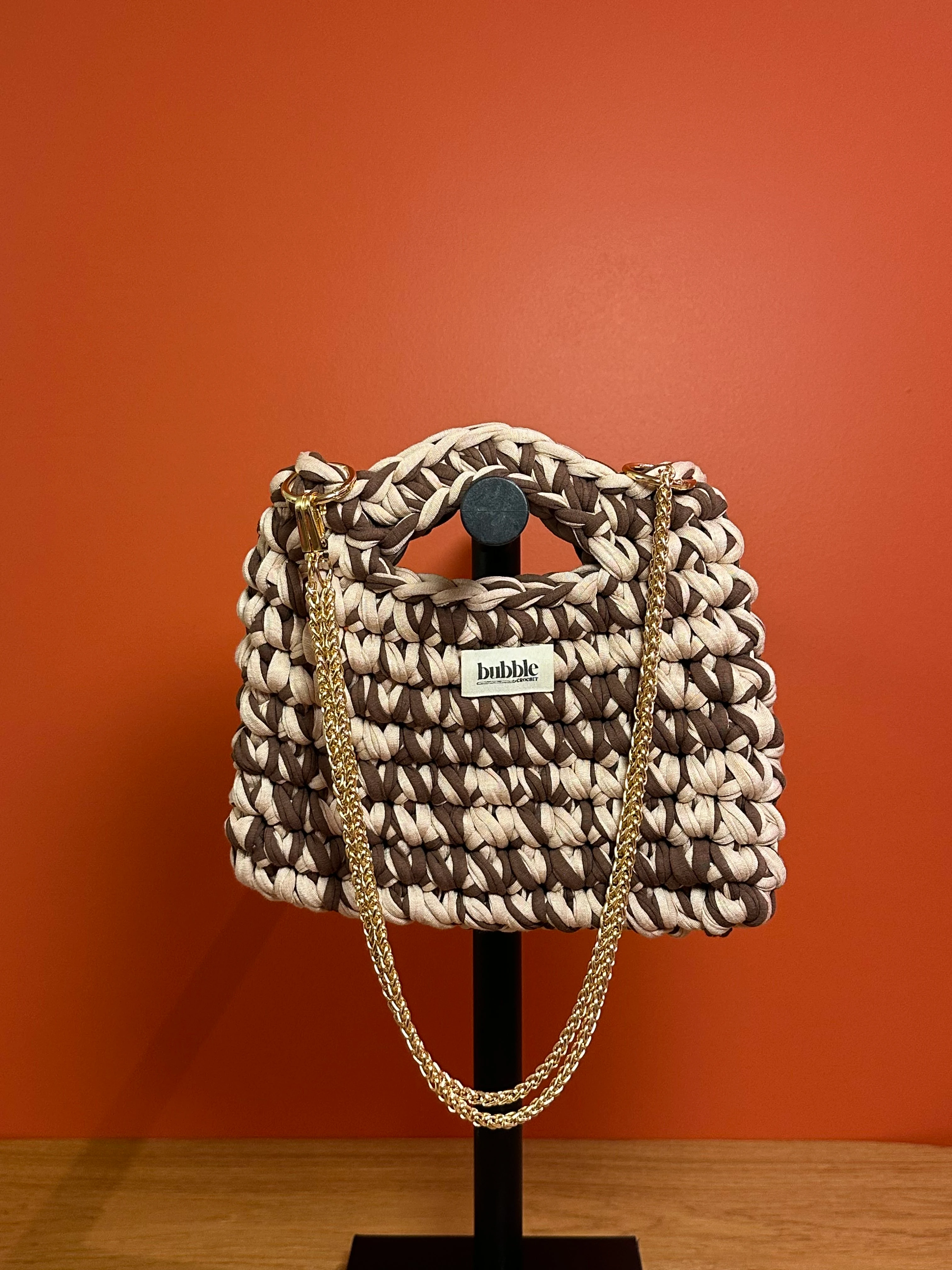 El Örgüsü Çift Renk El Çantası - Kahverengi-Bej