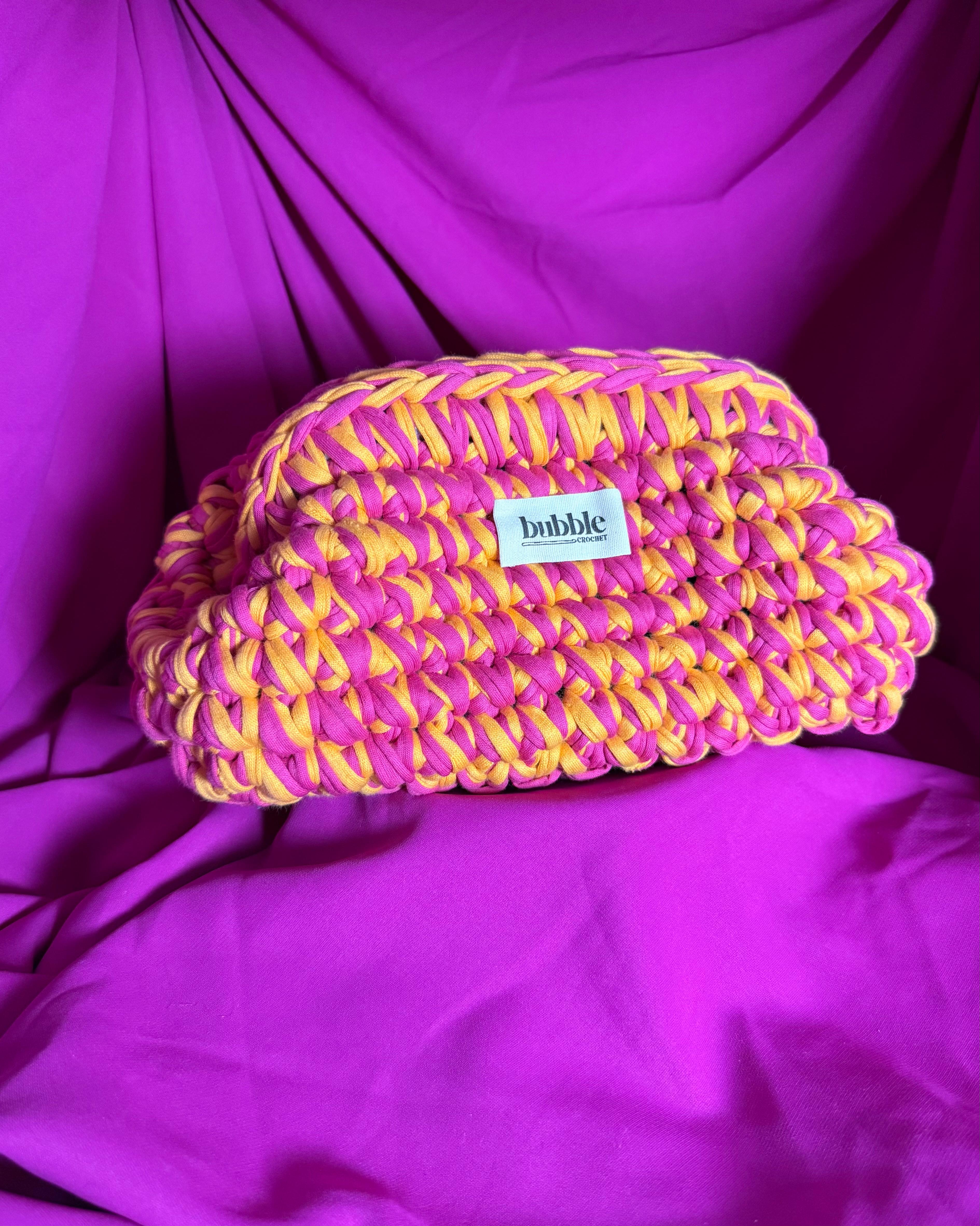 El Örgüsü Çift Renkli Makyaj Çantası/Clutch - Turuncu-Pembe