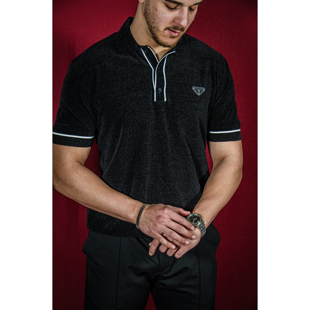 Kadife Siyah Erkek Polo Yaka T-shirt