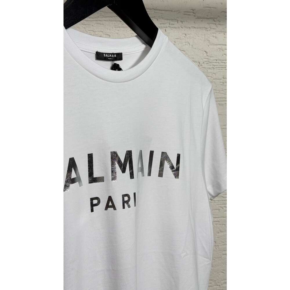Balmain Silver Logo Print Cotton Tee