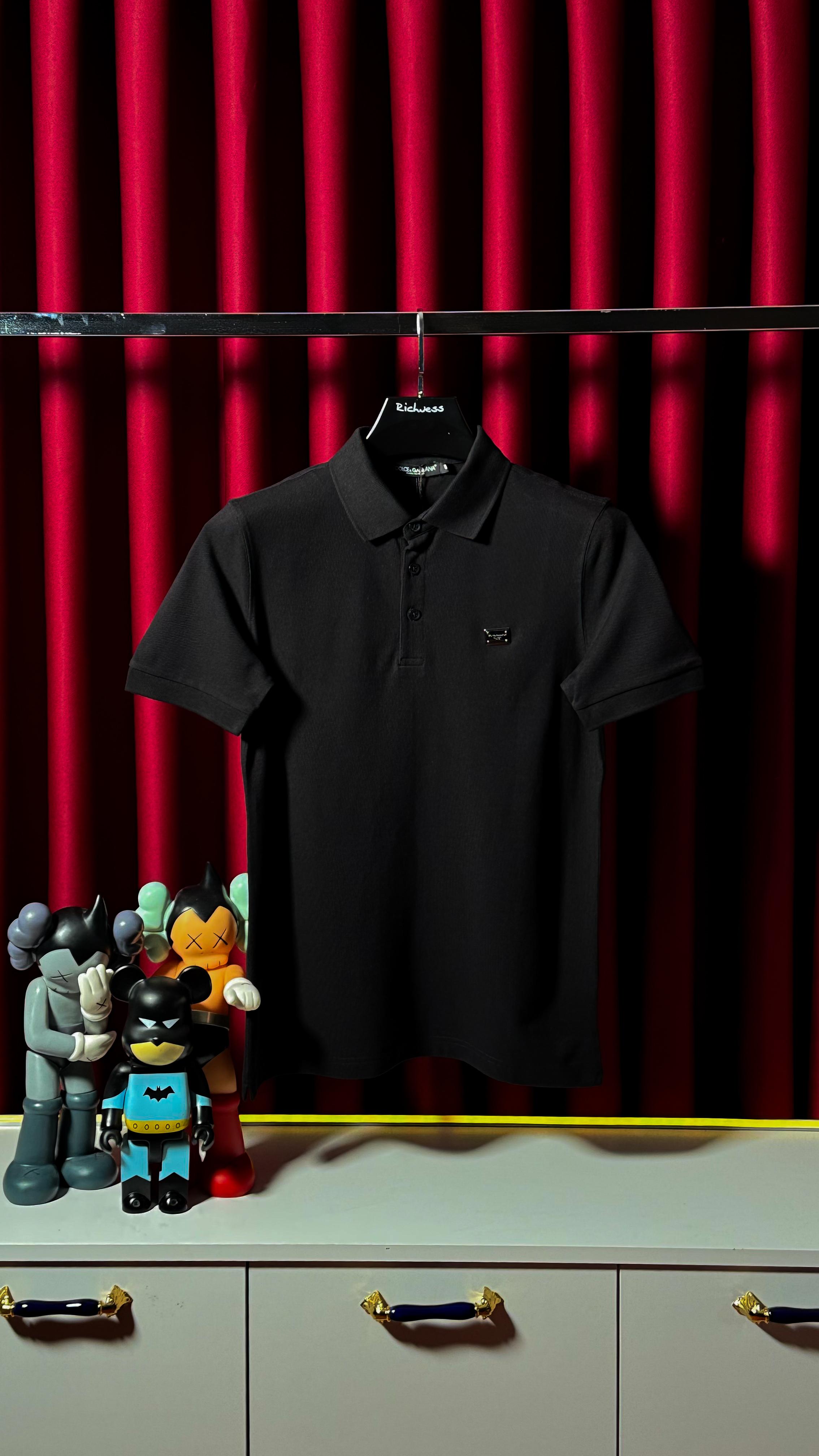 Metal Plaka Logo Detaylı Siyah Erkek Polo T-shirt