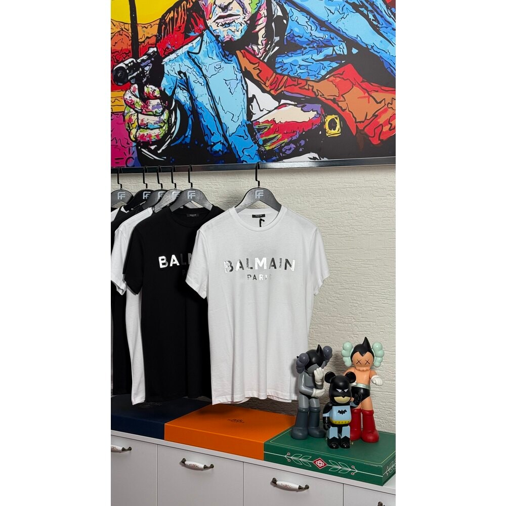 Balmain Silver Logo Print Cotton Tee