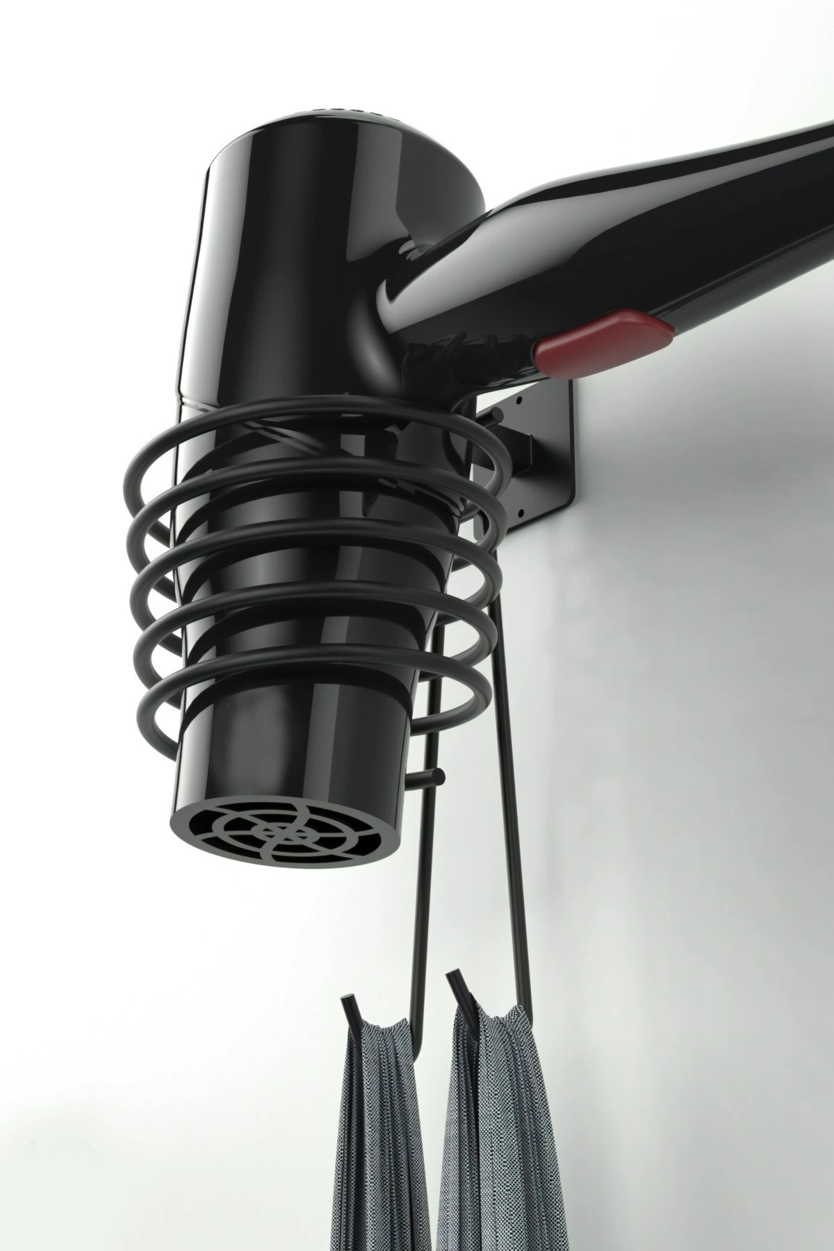 Fön Makinesi Askısı Saç Kurutma Makinesi Tutacağı, 2'li Havlu Kancalı Siyah Renk (Yapışkan Bantlı)