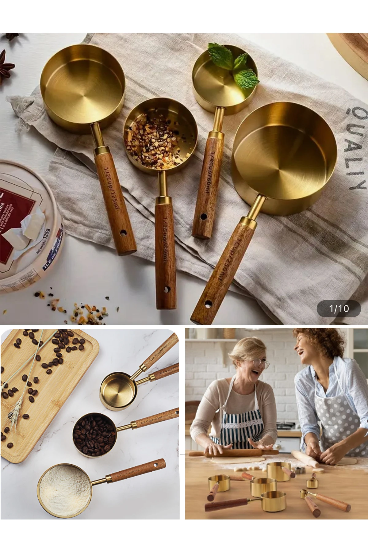 4 Adet Büyük Boy Paslanmaz Çelik Ahşap Saplı Ölçü Kaşığı Seti Ölçü Kabı 60ml 80ml 125ml 250ml