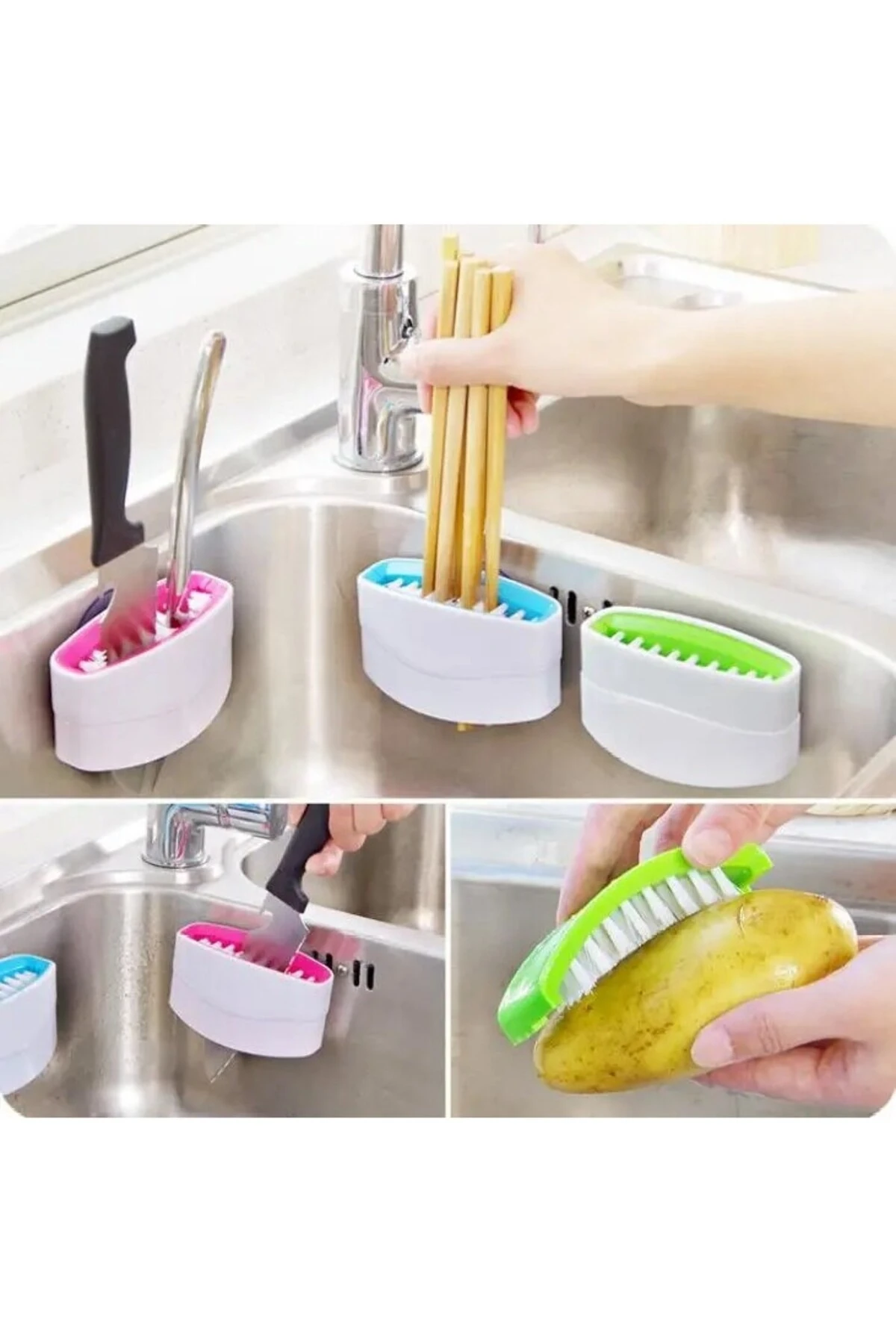 Vantuzlu Çatal Kaşık Bıçak Fırçası, Bulaşık Artık Temizleme Fırçası Vantuzlu Lavabo Bulaşık Fırçası