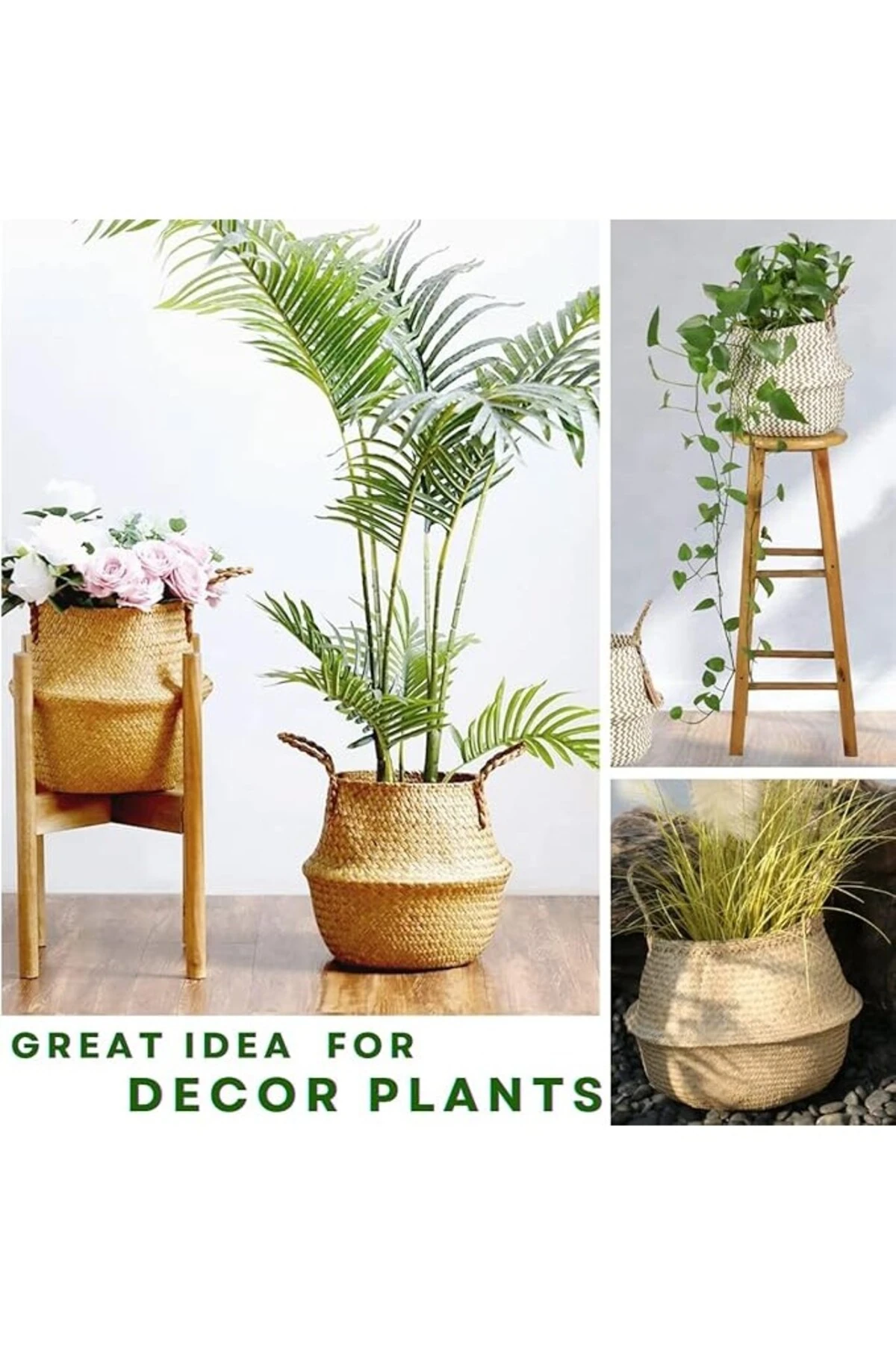 Natural Katlanabilir Hasır Saksılık Hasır Sepet El Örmesi Sepet Saksılık Çok Amaçlı Dekoratif Sepet