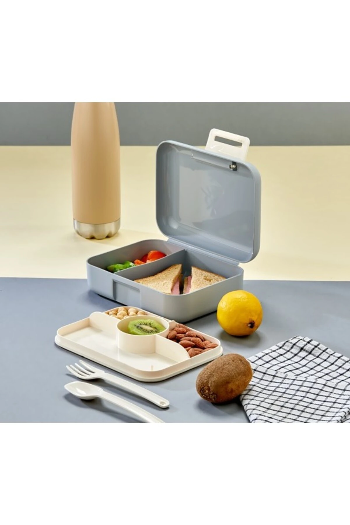 6 Bölmeli Yemek Saklama Kabı Öğrenci Okul Beslenme Kutusu Seti Kaşık Çatallı 2 Katlı 3 Renk