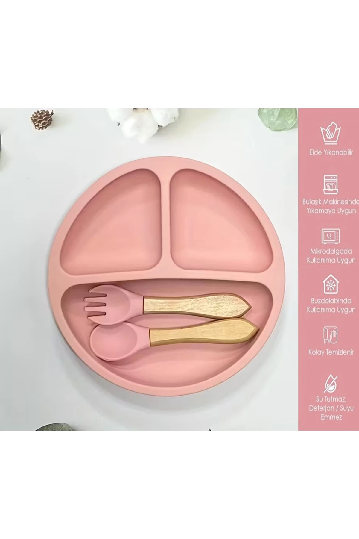 Silikon Bebek Mama Tabağı Seti Bebek Besleme Seti 3 Parça Bambu Saplı Kaşık Çatal Bpa İçermez Pembe