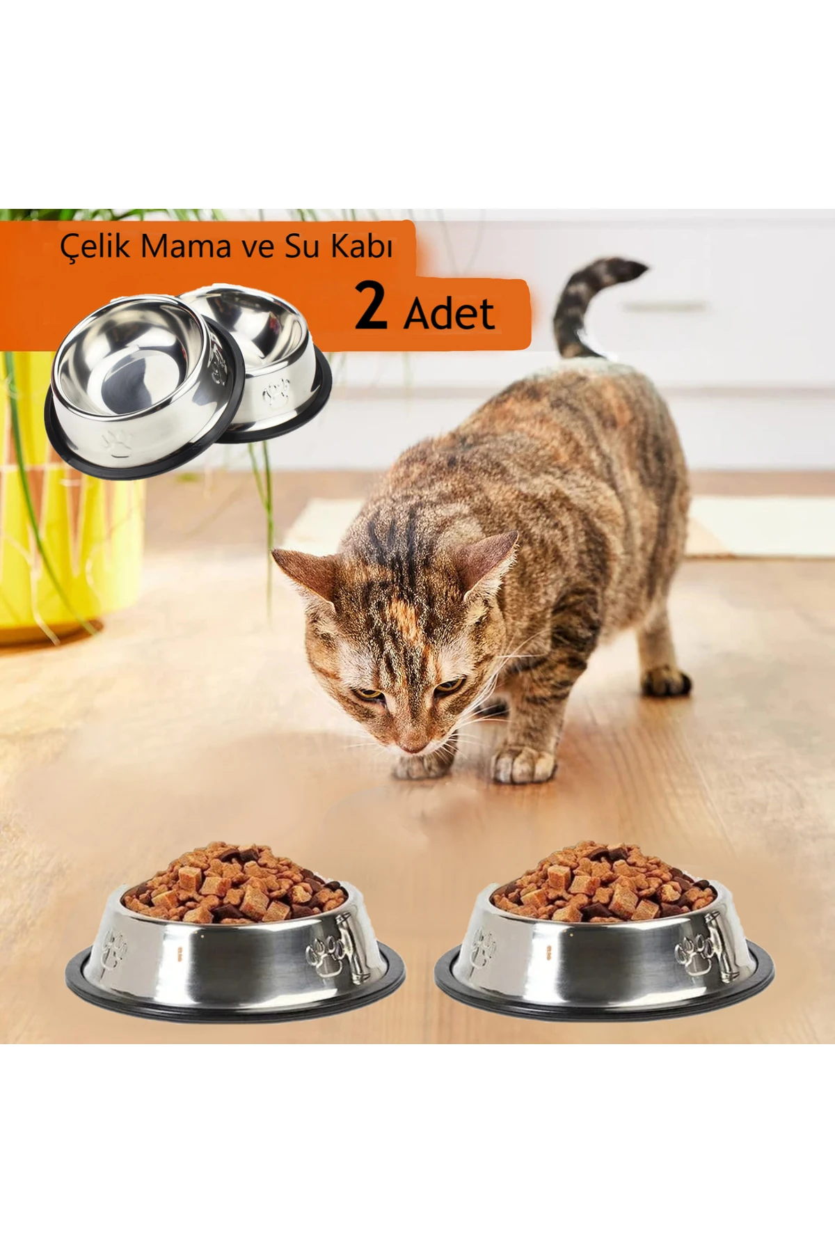 2 Adet Paslanmaz Çelik Mama Ve Su Kabı, Alt Taban 16 Cm Kedi Mama Kabı Köpek Mama Kabı (250 ML-8 OZ)