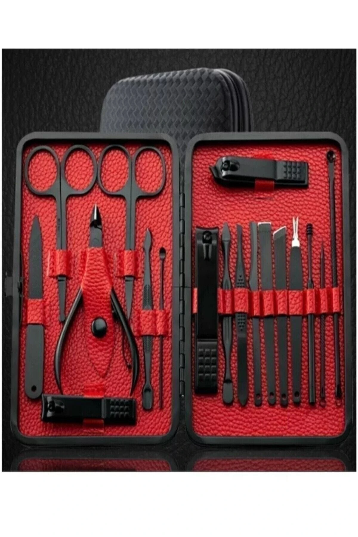 18+1 Parça Manikür Pedikür Seti Paslanmaz Çelik Deri Çantalı Siyah Tırnak Makası Bakım Seti