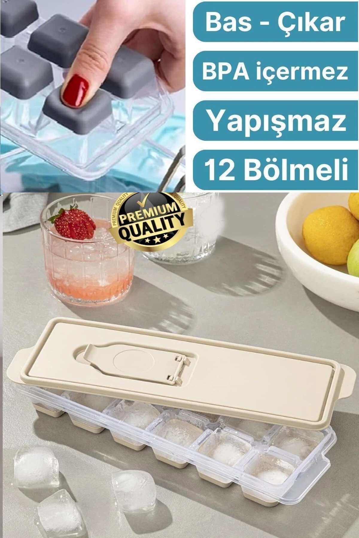 12 Bölmeli Pratik Bas Çıkar Silikon Buzluk   Sızdırmaz Kapaklı Yapışmaz Kalıp