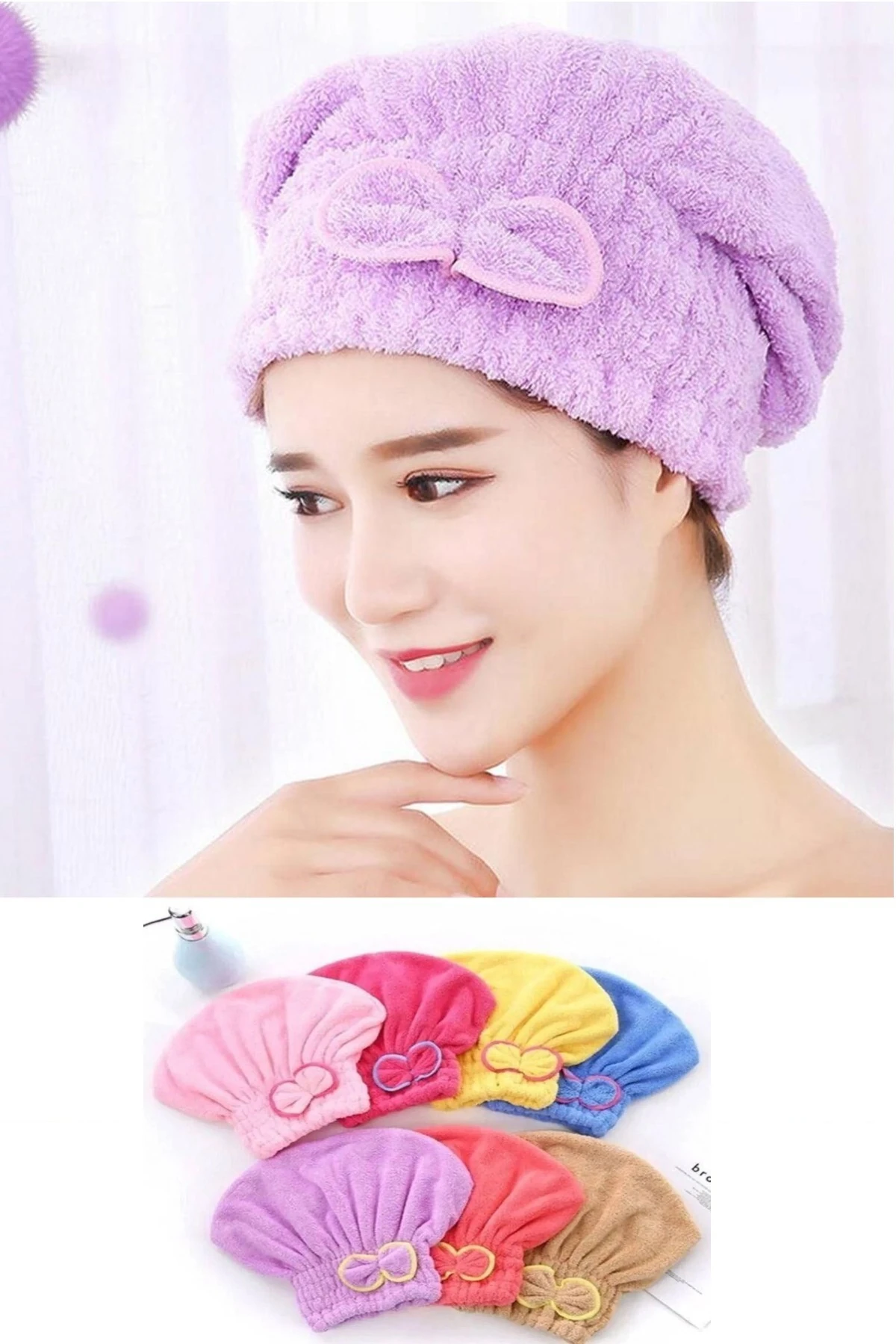 Yumuşak Saç Kurutma Bone Havlusu Saç Kurutma Havlusu Lastikli Fiyonklu