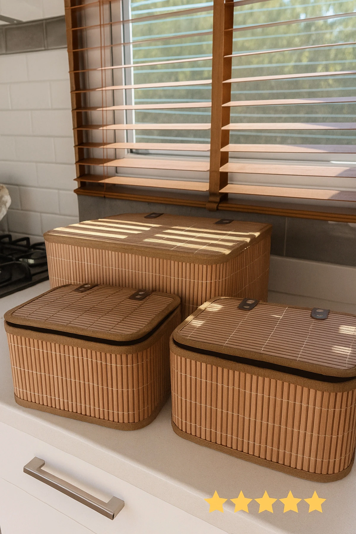 3'lü Kapaklı Bambu Hasır Sepet, Kumaş Astarlı Deri Detaylı Şık Sepet, Banyo Organizeri