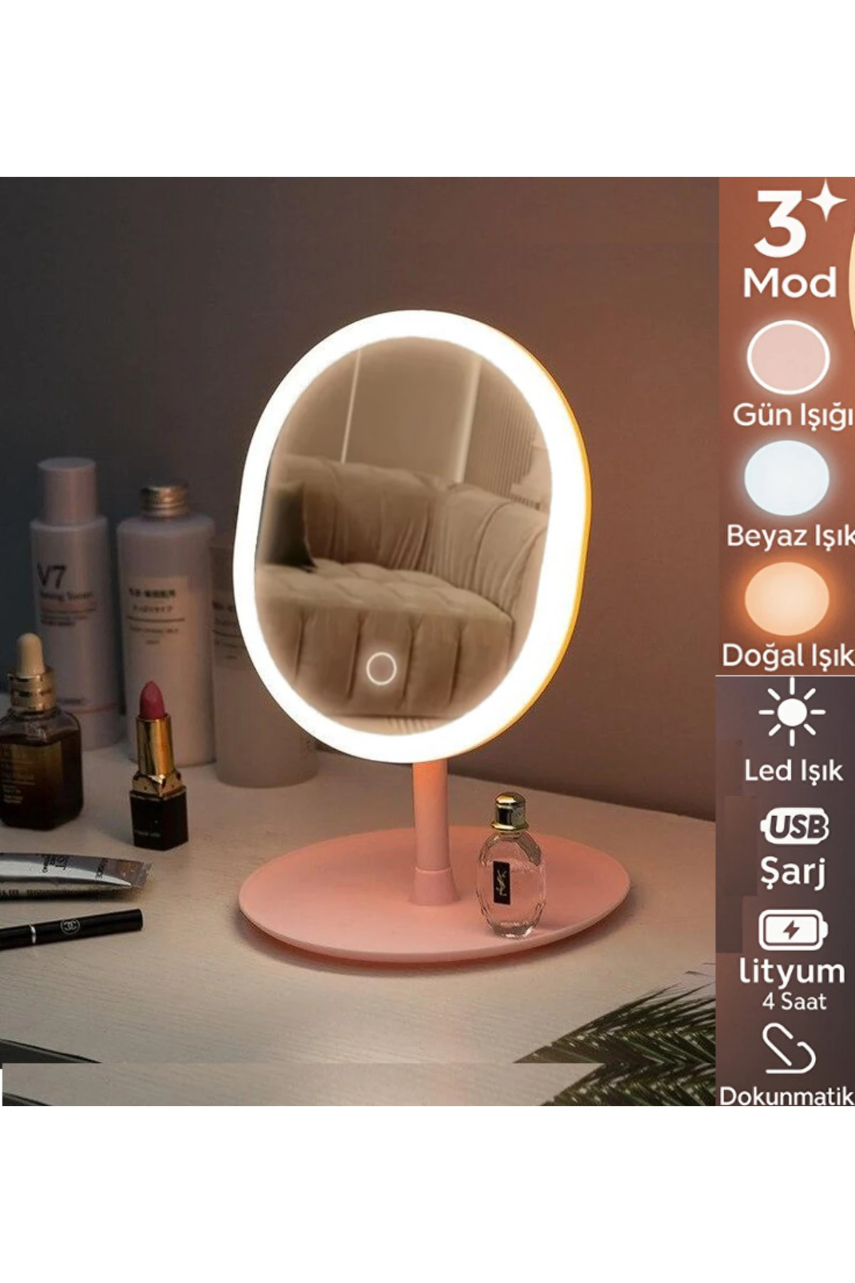 Oval Şarjlı Led Işıklı Makyaj Aynası Dokunmatik Led Makyaj Ayna 90°Ayarlanabilir 3 Modlu Usb Şarjlı