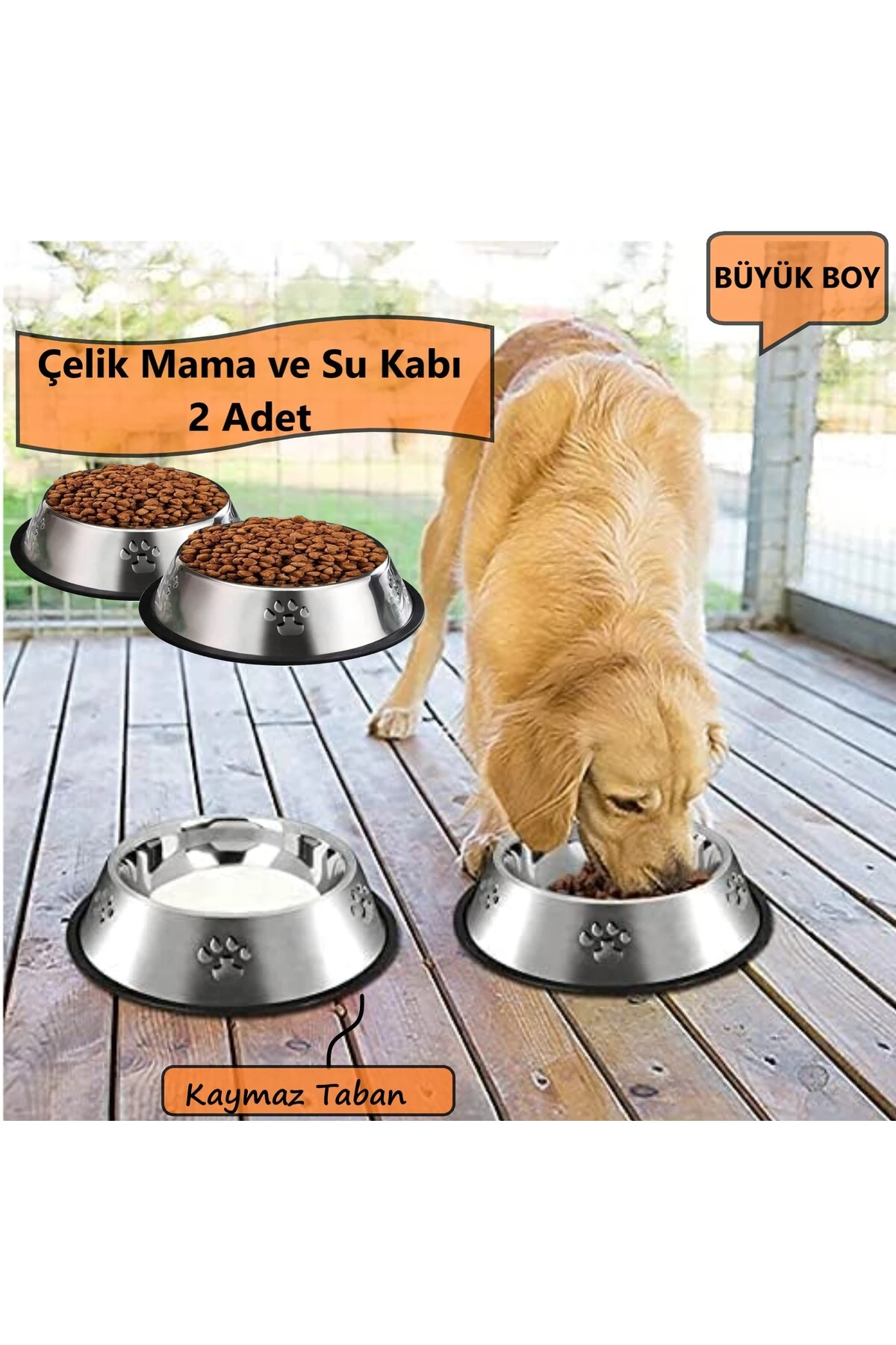 2 Adet Paslanmaz Çelik Mama Ve Su Kabı, Alt Taban 22 Cm (500 ML-16 OZ)